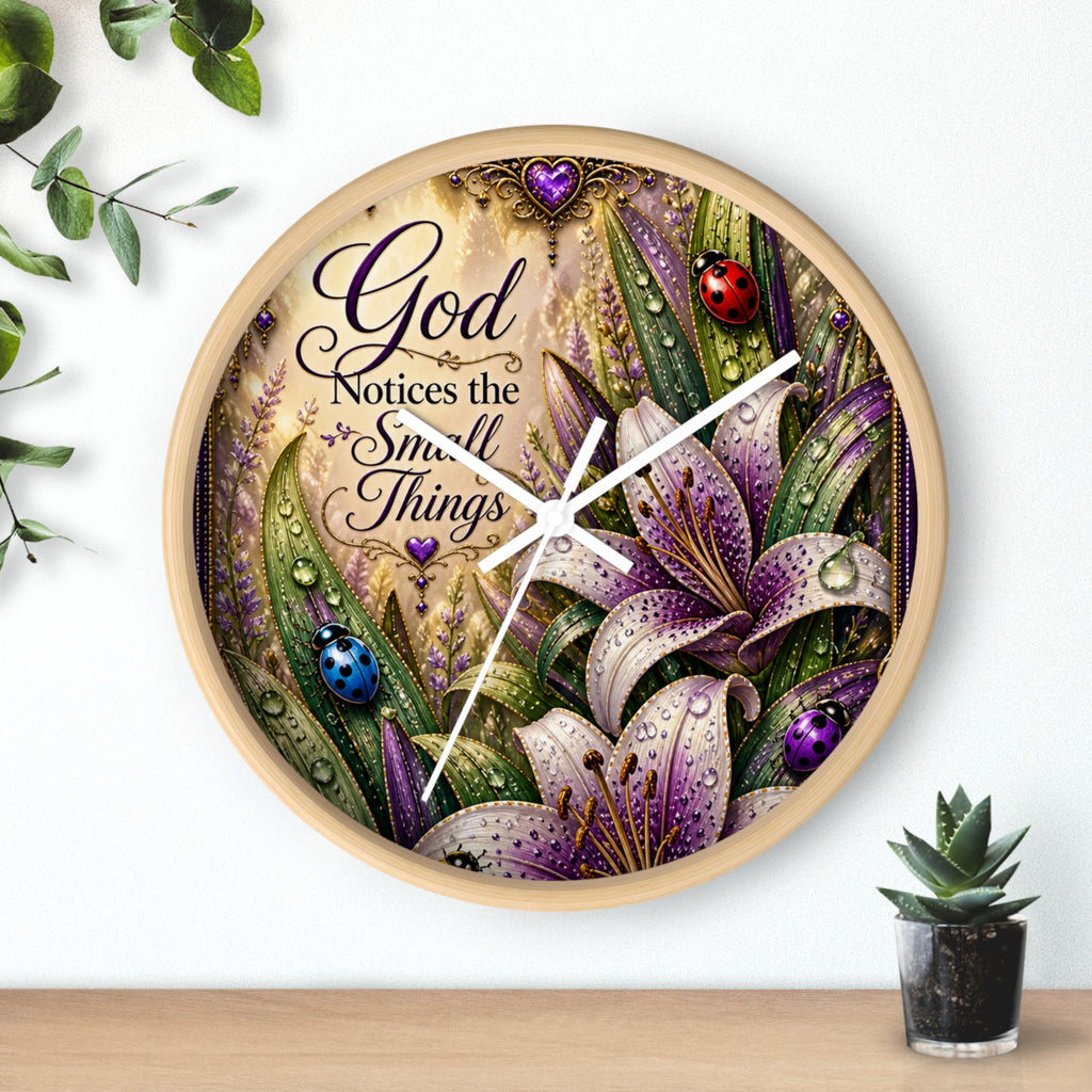 Wall Clock — "God Notices the Small Things" Floral Decorative Clock (Purple Lilies, Inspirational Home Decor)