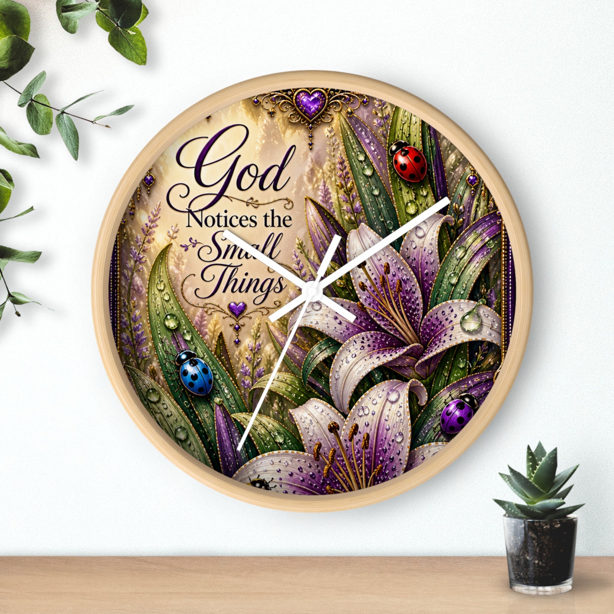 Wall Clock — "God Notices the Small Things" Floral Decorative Clock (Purple Lilies, Inspirational Home Decor)