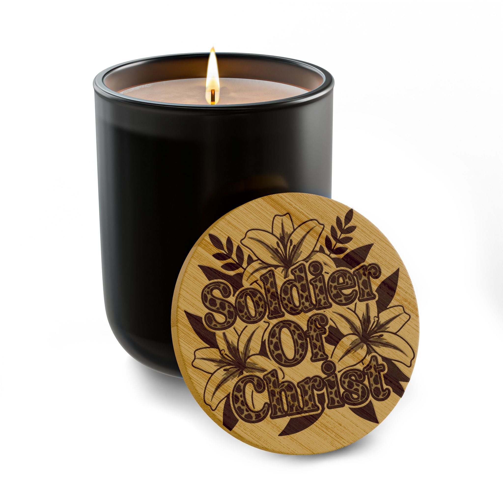 Engraved 14oz Scented Soy Candle — "Soldier Of Christ" Floral Lid