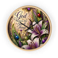 Wall Clock — "God Notices the Small Things" Floral Decorative Clock (Purple Lilies, Inspirational Home Decor)