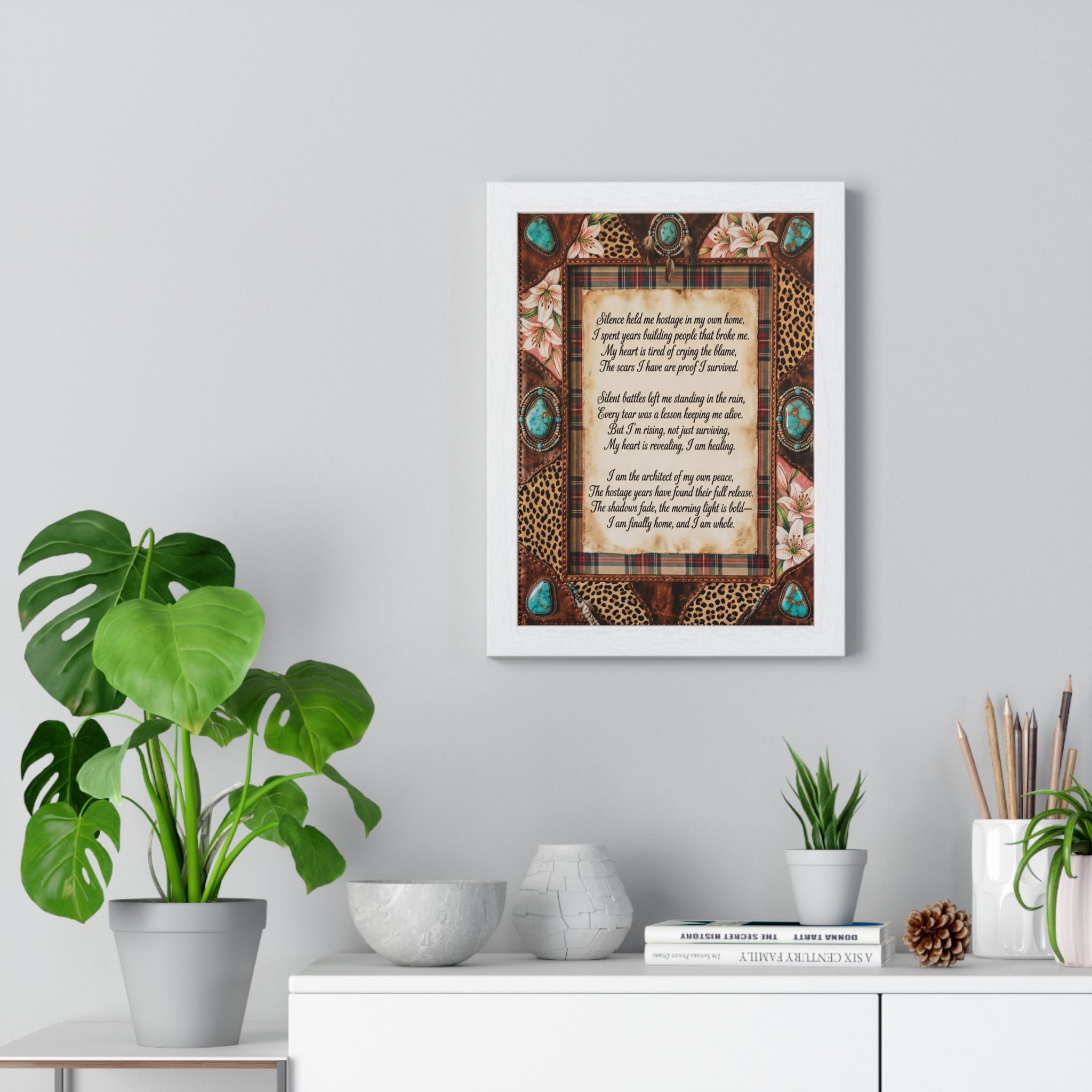 Vertical Framed Poster — Rustic Family Heritage Poem Wall Art (Turquoise & Leopard Border)