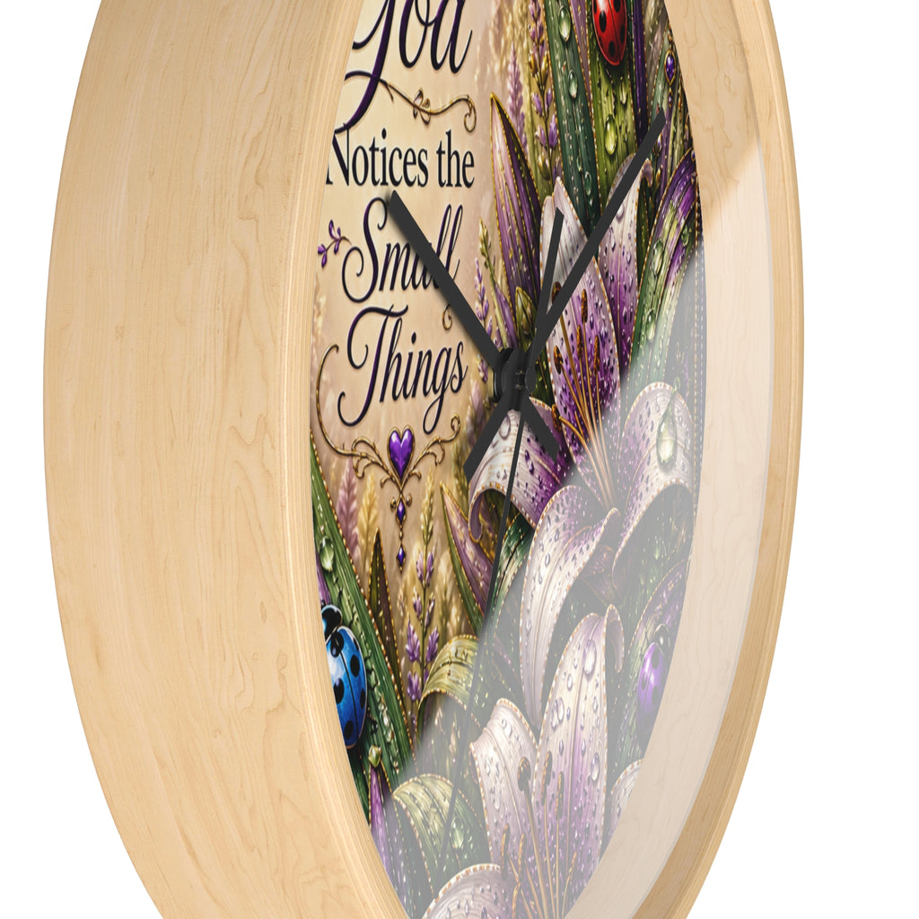 Wall Clock — "God Notices the Small Things" Floral Decorative Clock (Purple Lilies, Inspirational Home Decor)