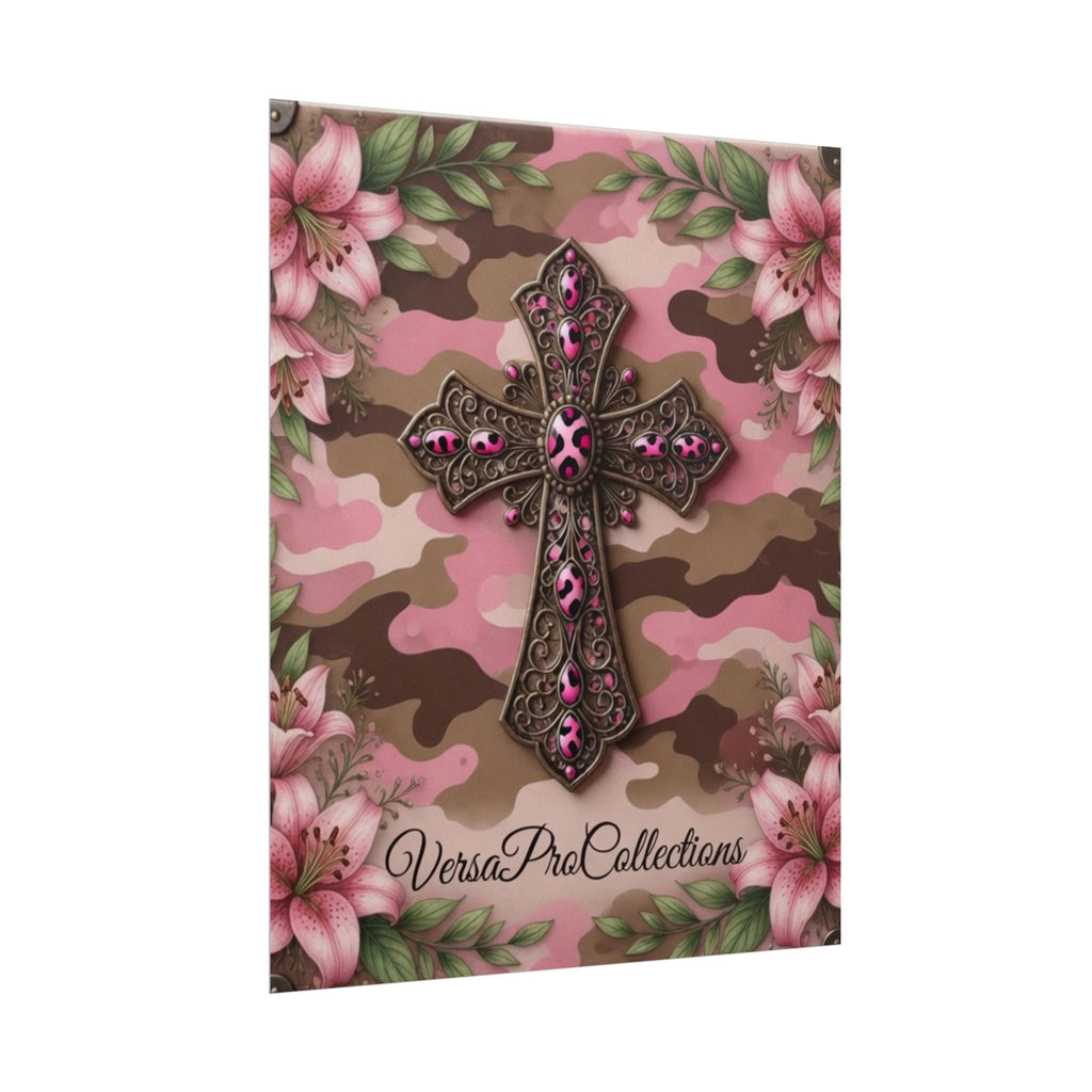Pink Camo Floral Cross Poster – Religious Wall Art for Bedroom or Nursery