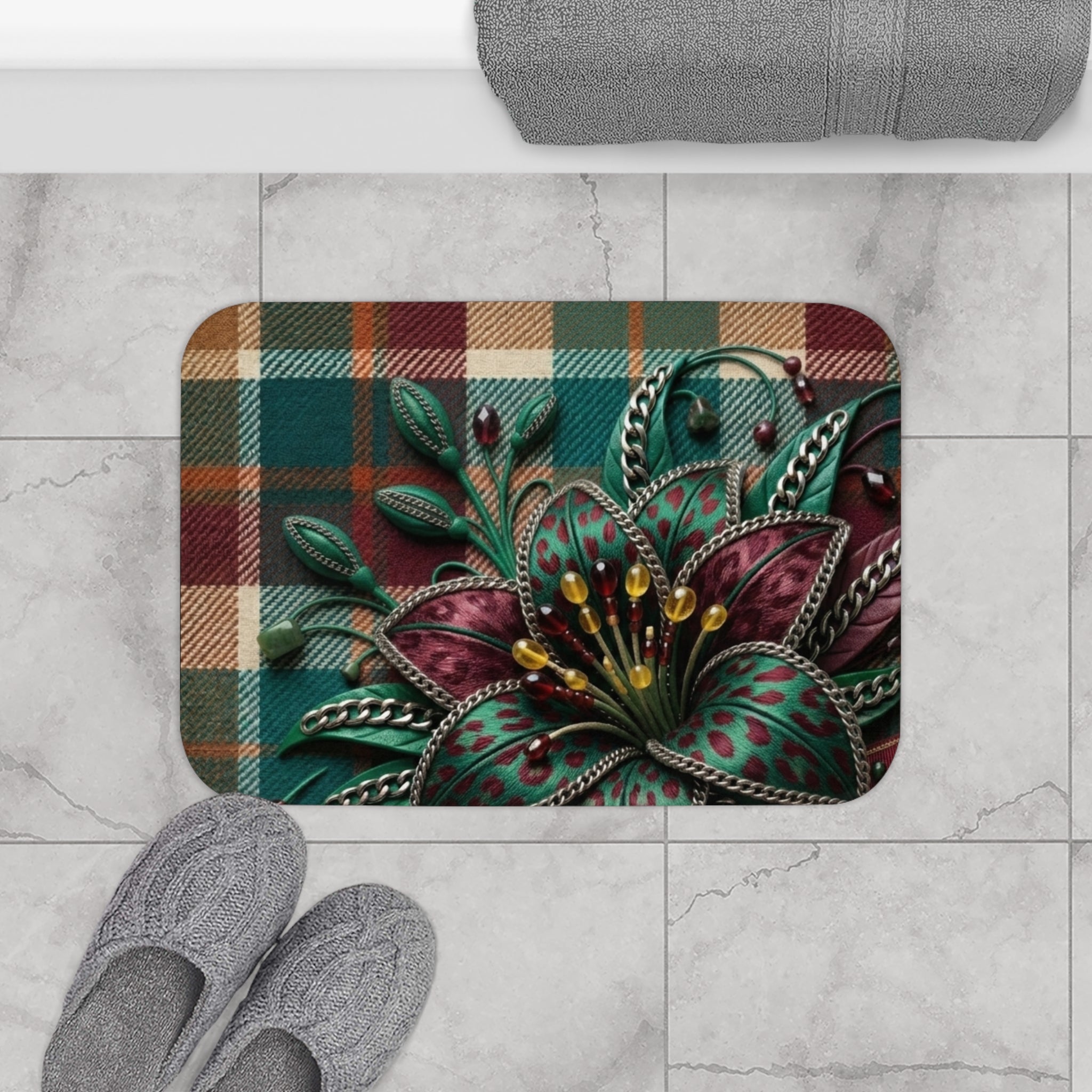Plaid Botanical Bath Mat — Teal & Burgundy Floral Plaid Bathroom Rug