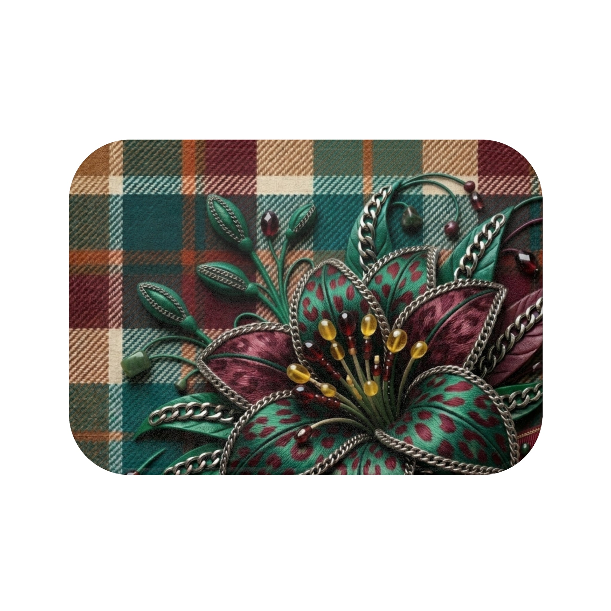 Plaid Botanical Bath Mat — Teal & Burgundy Floral Plaid Bathroom Rug