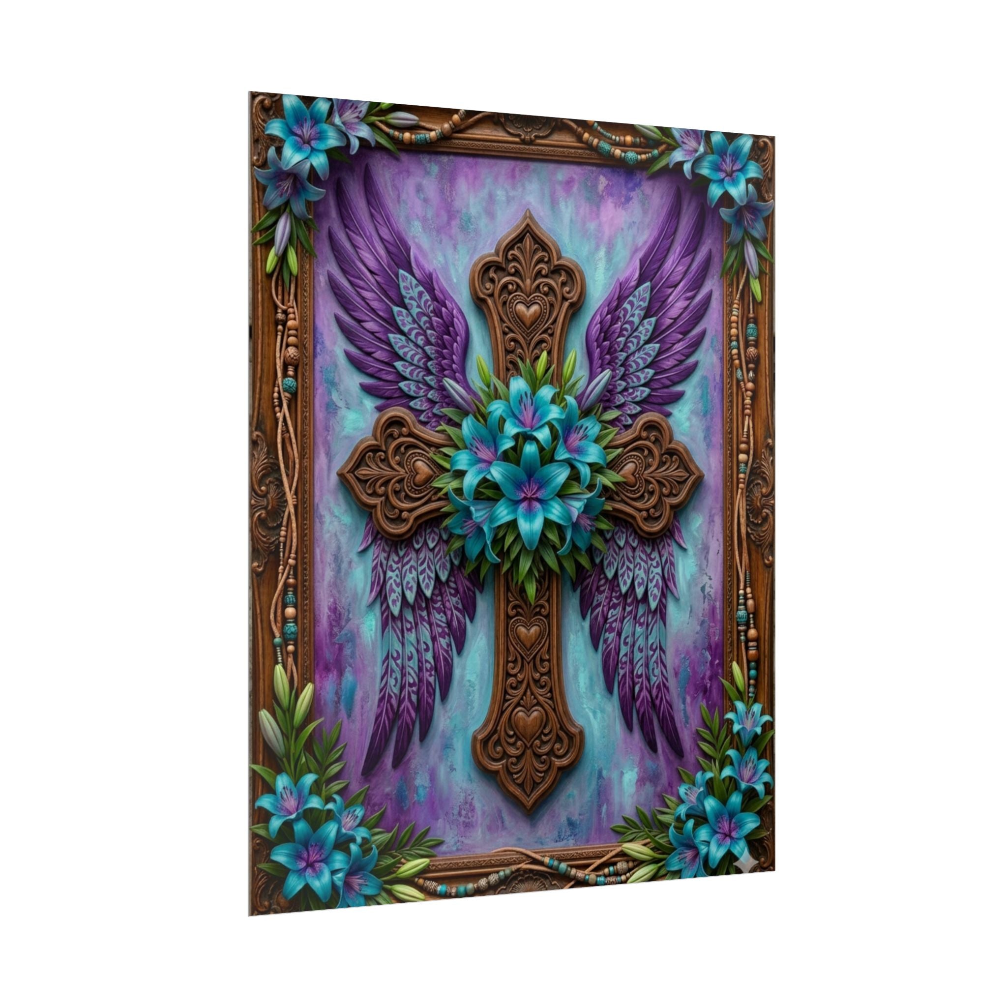 Angel Wing Cross Rolled Poster — Purple Floral Spiritual Wall Art