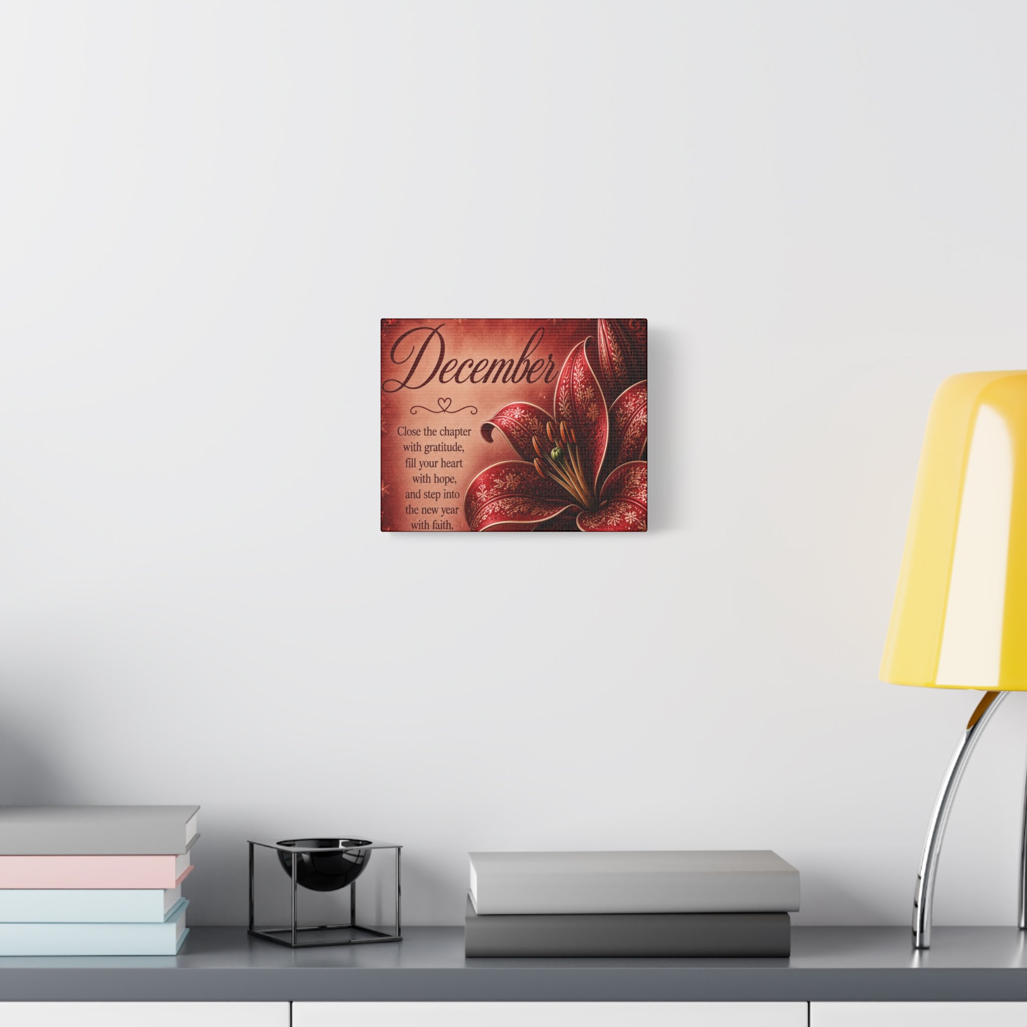 December Floral Canvas Wall Art – Inspirational Holiday Quote, 'Close the chapter with gratitude'