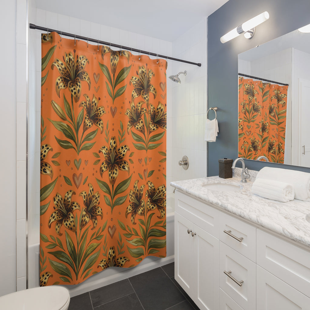 Tiger Lily Floral Shower Curtain — Orange Leopard-Spot Botanical Bath Decor