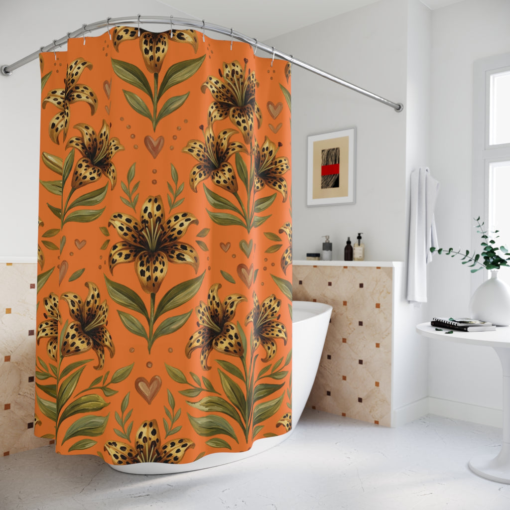 Tiger Lily Floral Shower Curtain — Orange Leopard-Spot Botanical Bath Decor