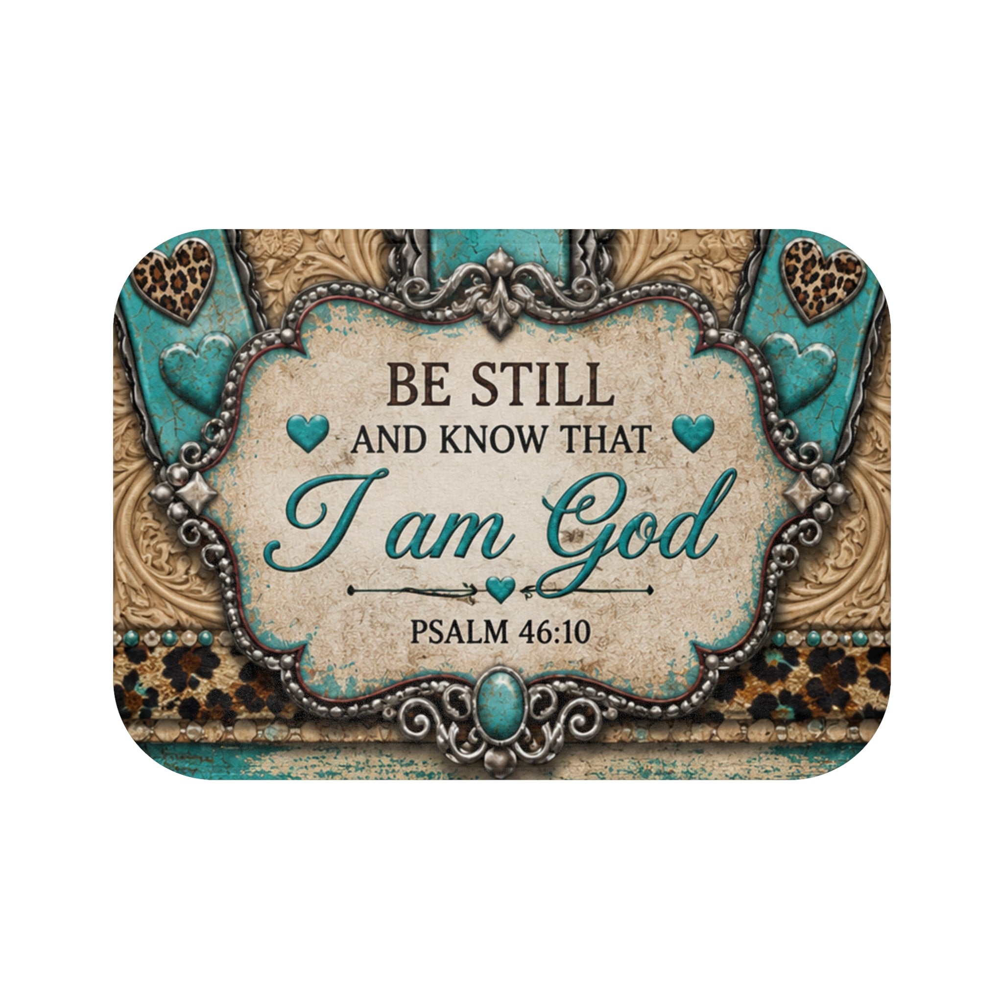 Be Still Psalm 46:10 Bath Mat — Turquoise Rustic Religious Bathroom Rug