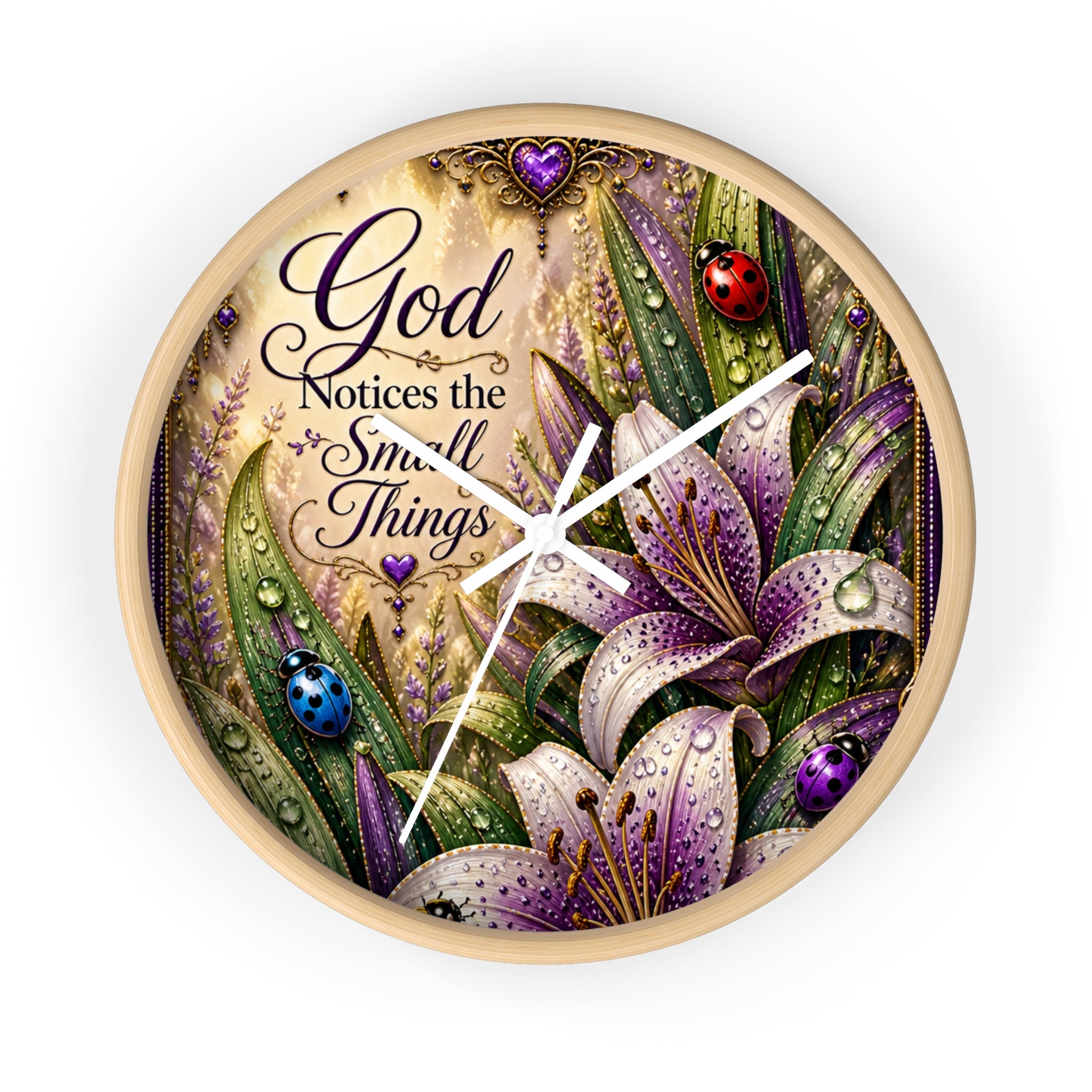 Wall Clock — "God Notices the Small Things" Floral Decorative Clock (Purple Lilies, Inspirational Home Decor)