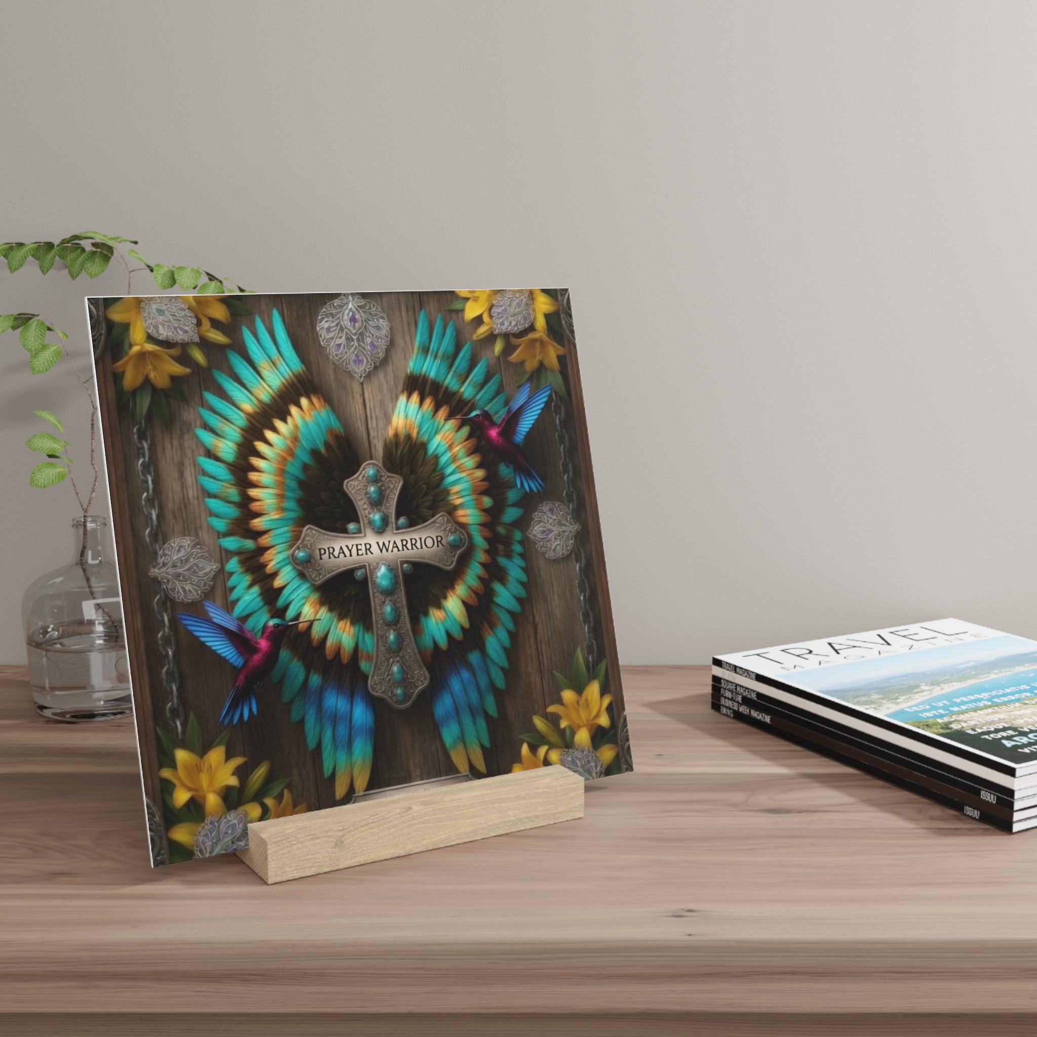 Prayer Warrior Gallery Board with Stand – Feather Cross Wall Art