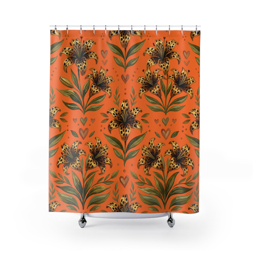 Tiger Lily Floral Shower Curtain — Orange Leopard-Spot Botanical Bath Decor