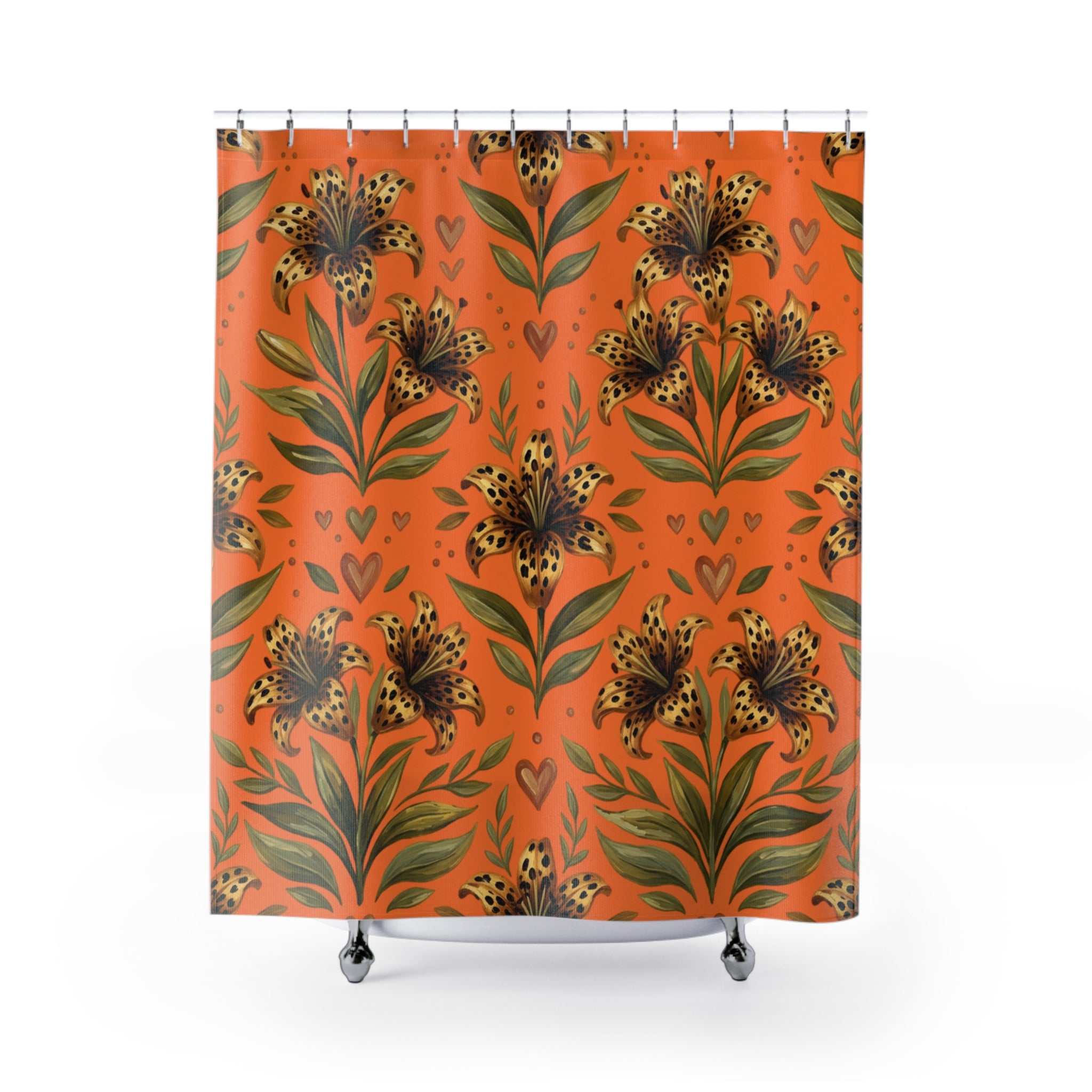 Tiger Lily Floral Shower Curtain — Orange Leopard-Spot Botanical Bath Decor