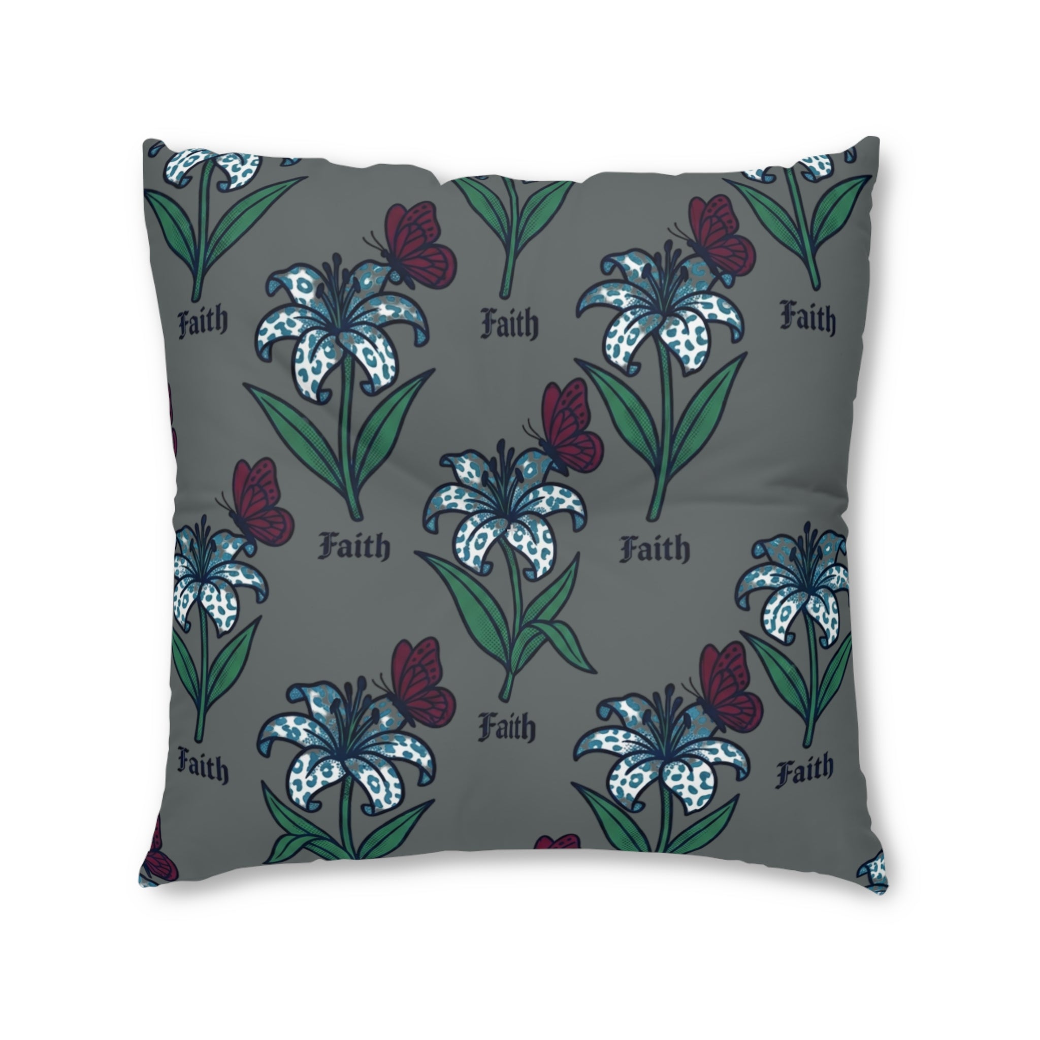 Faith Lily Tufted Floor Pillow — Floral Square Decorative Cushion