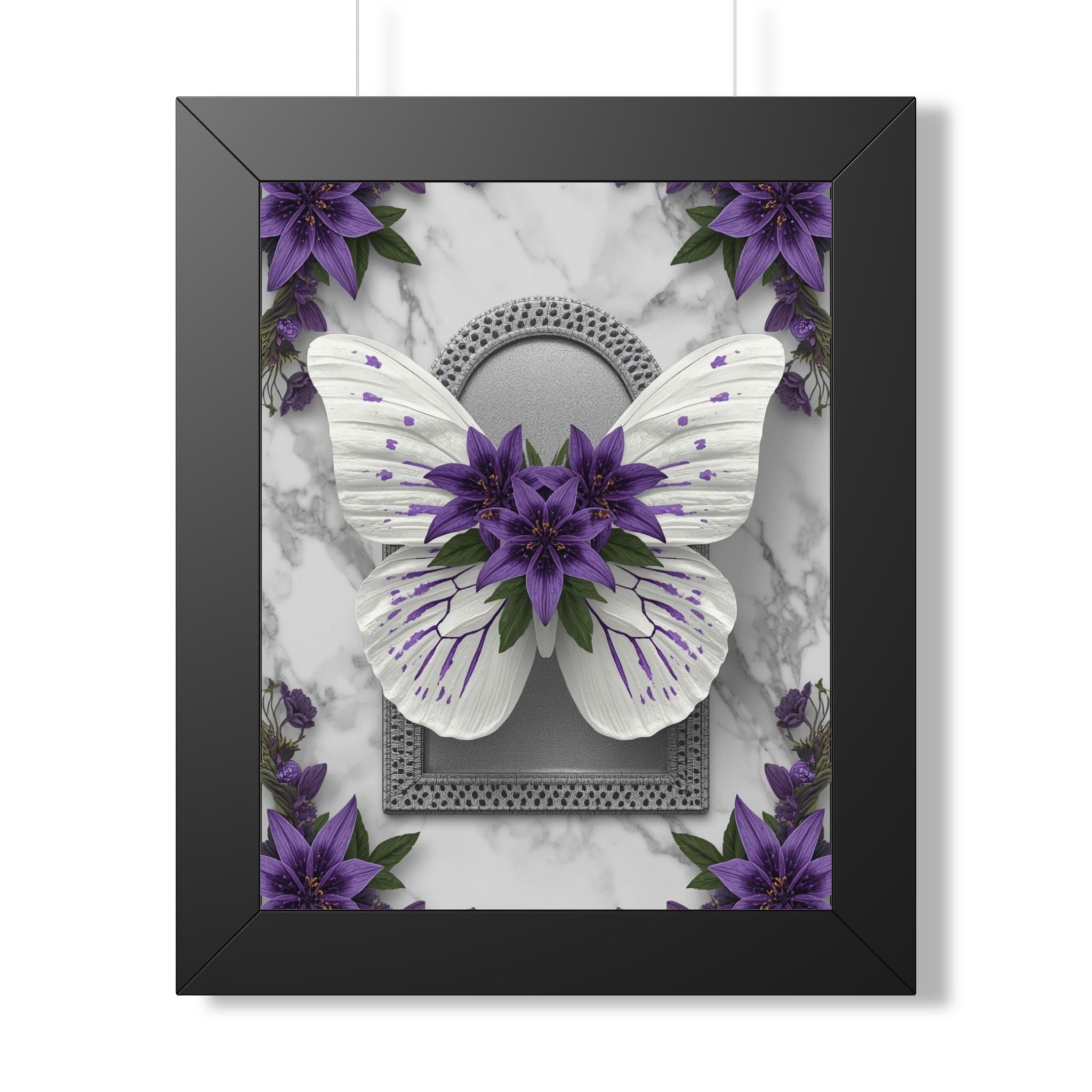 Purple Floral Butterfly Framed Poster — Vertical Wall Art