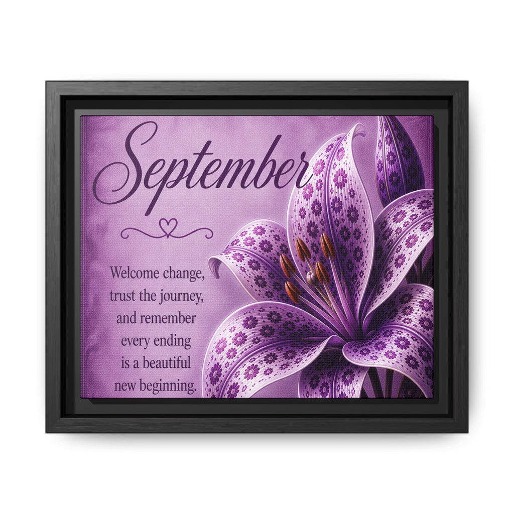 September Purple Lily Framed Canvas Wall Art — Inspirational Quote