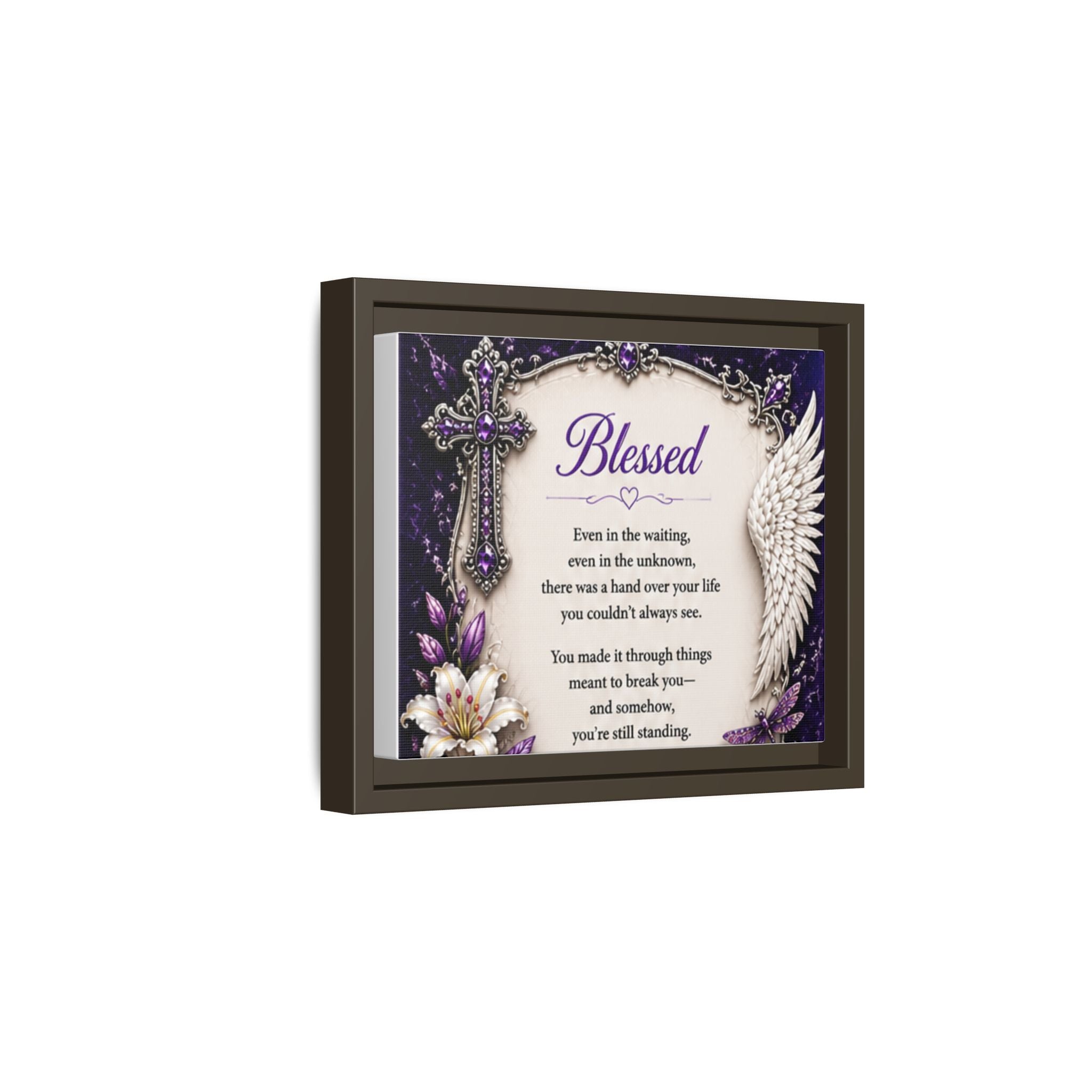 Blessed Inspirational Wall Art — Matte Framed Canvas with Cross & Angel Wing