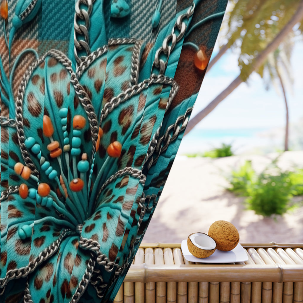 Teal Floral Tapestry Curtain - 3D Ornamental Bloom Window Panel
