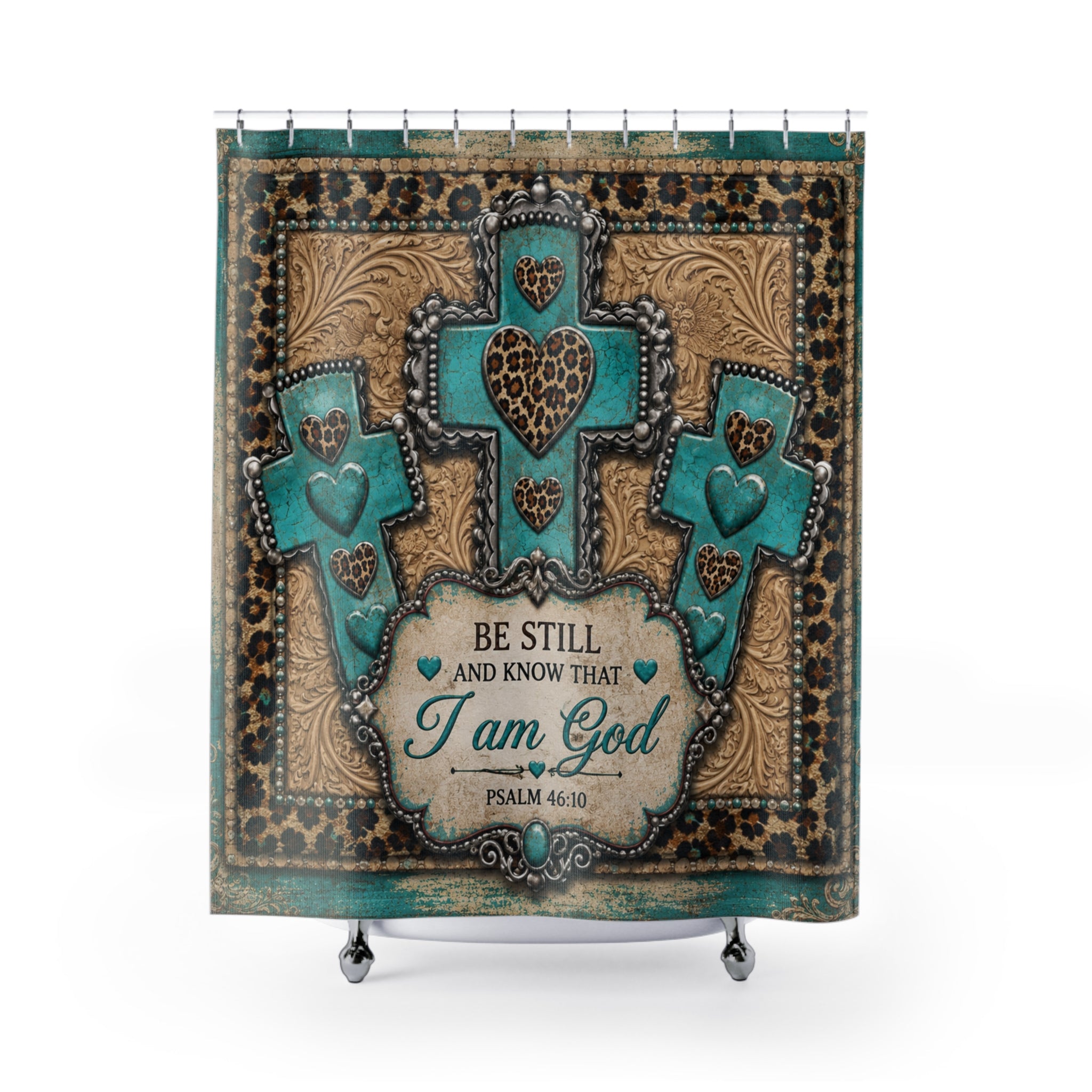 Shower Curtain - Turquoise Cross with Leopard Heart & Psalm 46:10 Faith Bathroom Decor