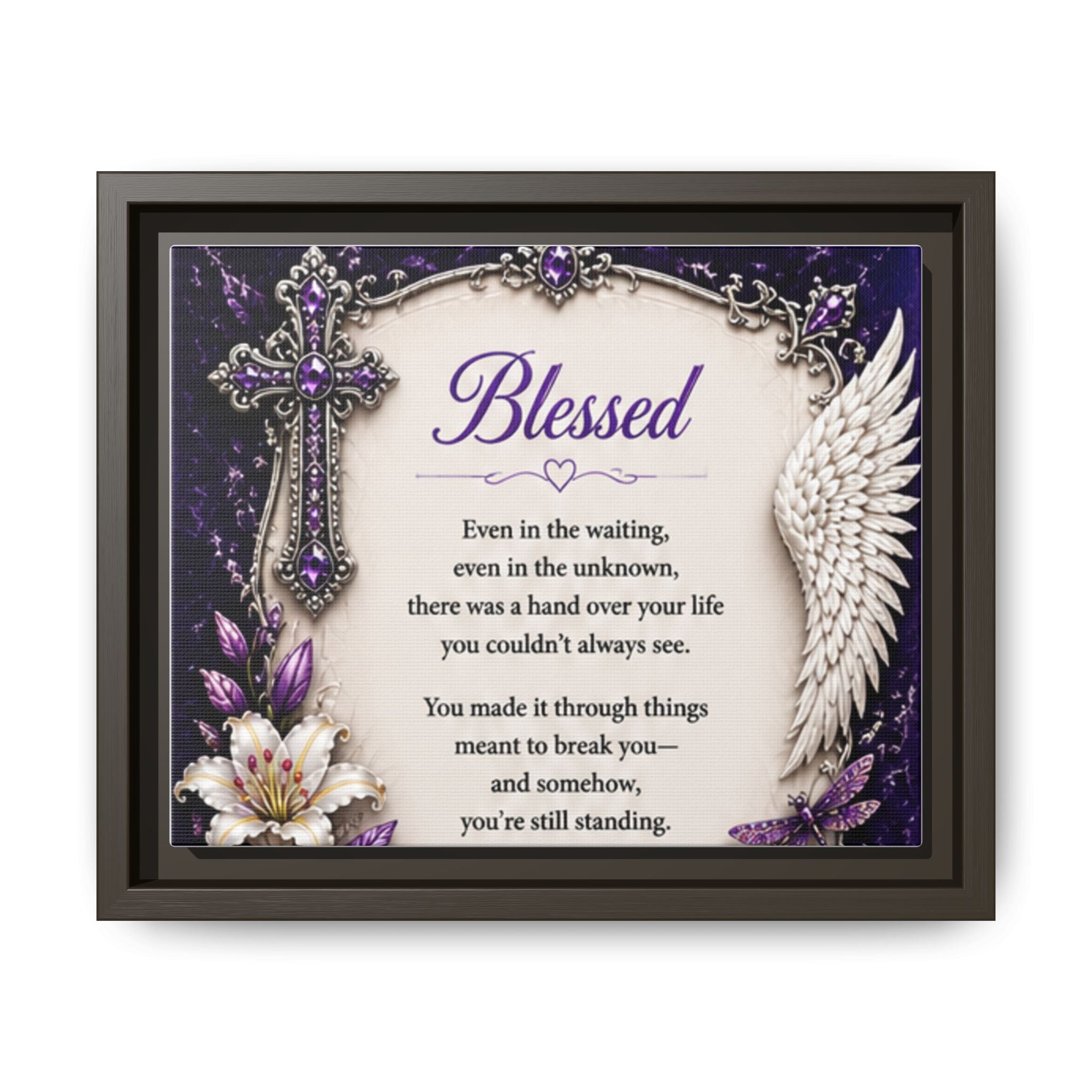 Blessed Inspirational Wall Art — Matte Framed Canvas with Cross & Angel Wing