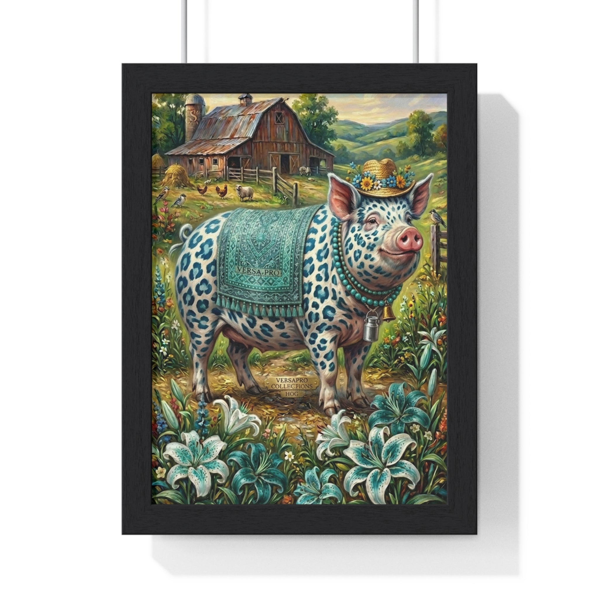 Framed Farmhouse Pig Art Print — Whimsical Floral Barnyard Poster