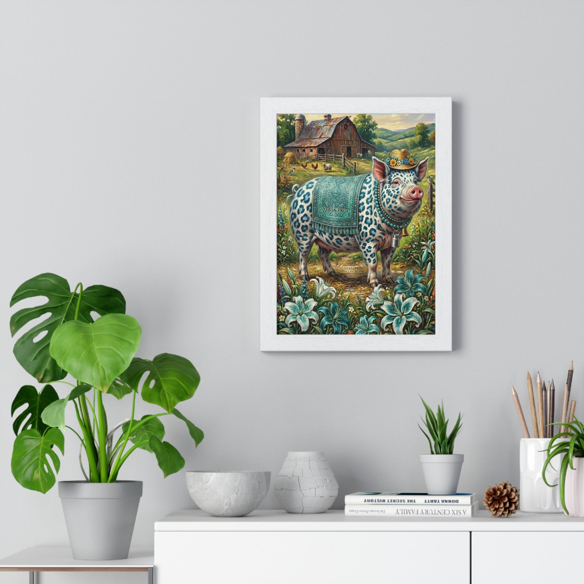Framed Farmhouse Pig Art Print — Whimsical Floral Barnyard Poster