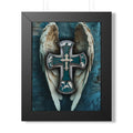 Winged Cross Framed Poster — Teal Rustic Religious Wall Art