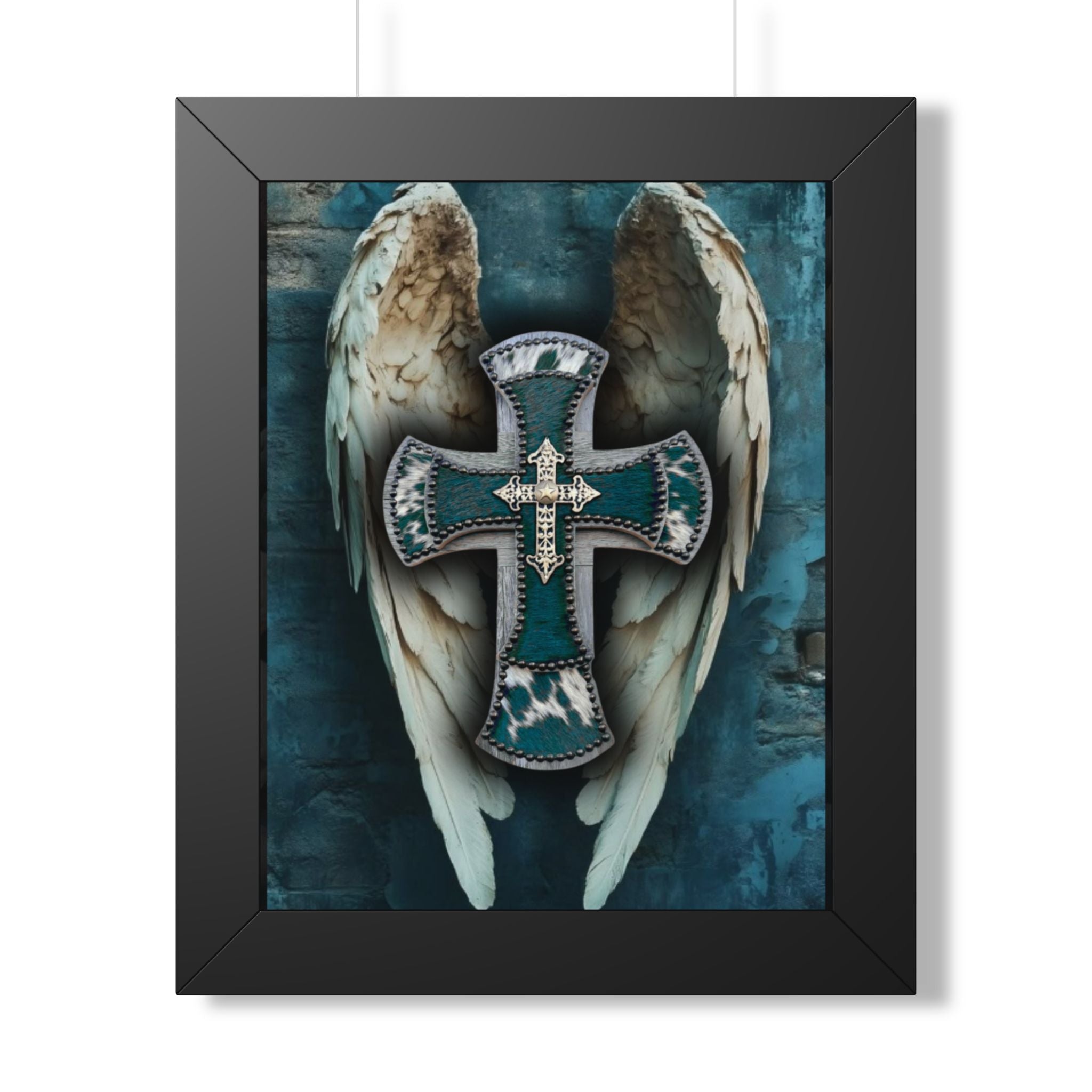 Winged Cross Framed Poster — Teal Rustic Religious Wall Art