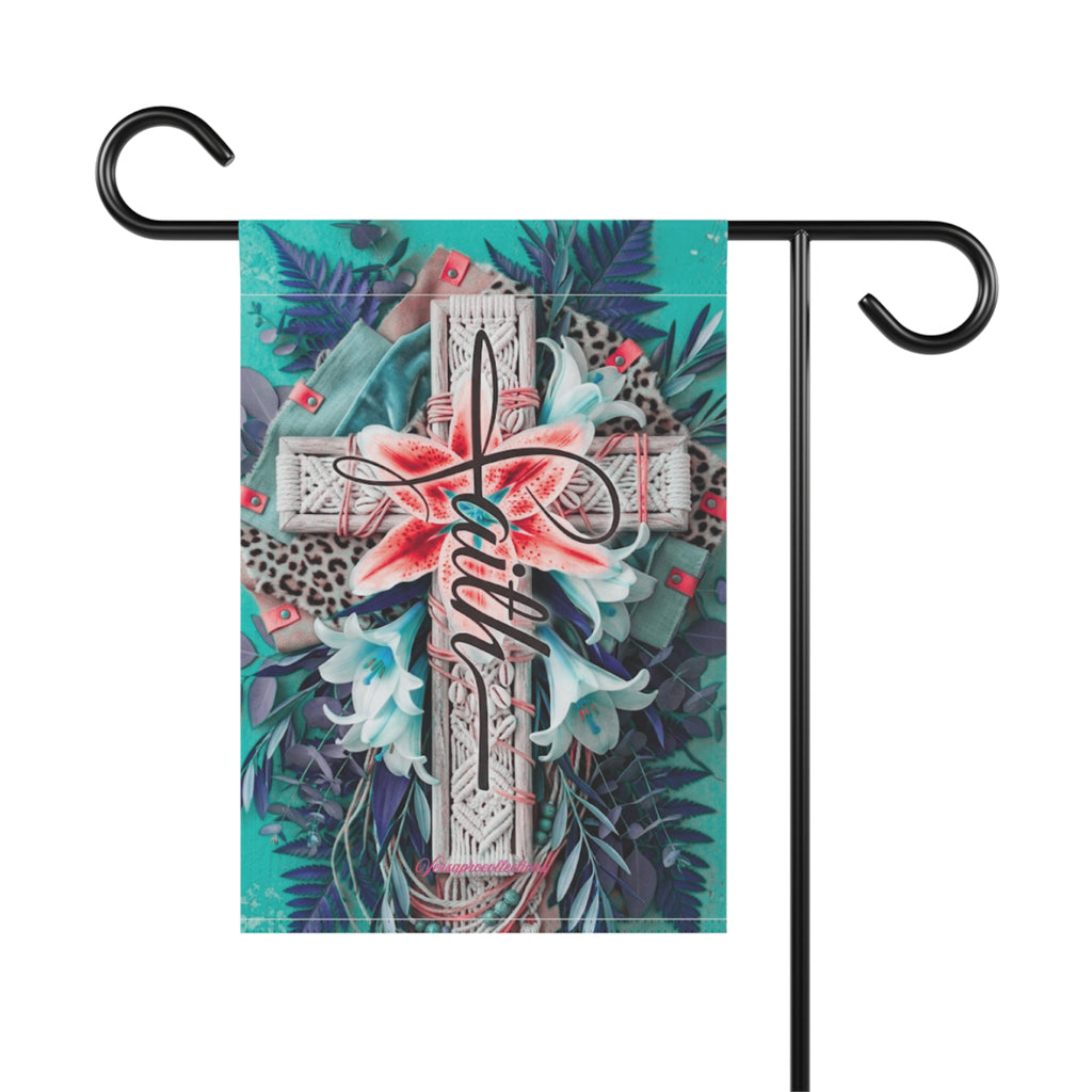 Faith Floral Garden Flag — Decorative Outdoor/House Banner with Cross Design