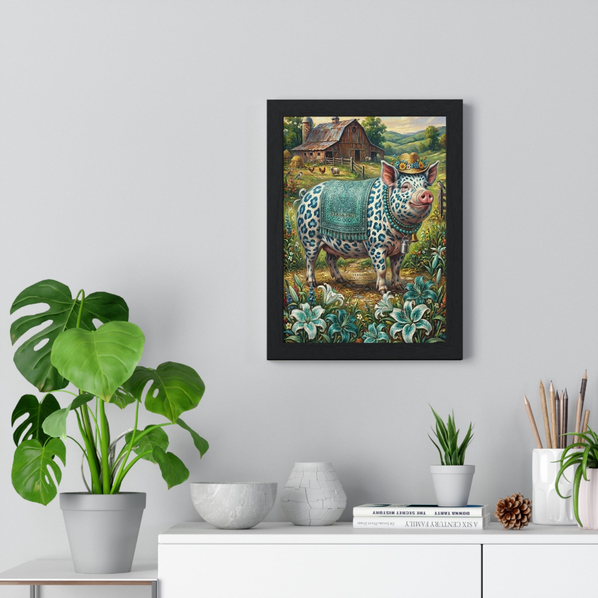 Framed Farmhouse Pig Art Print — Whimsical Floral Barnyard Poster