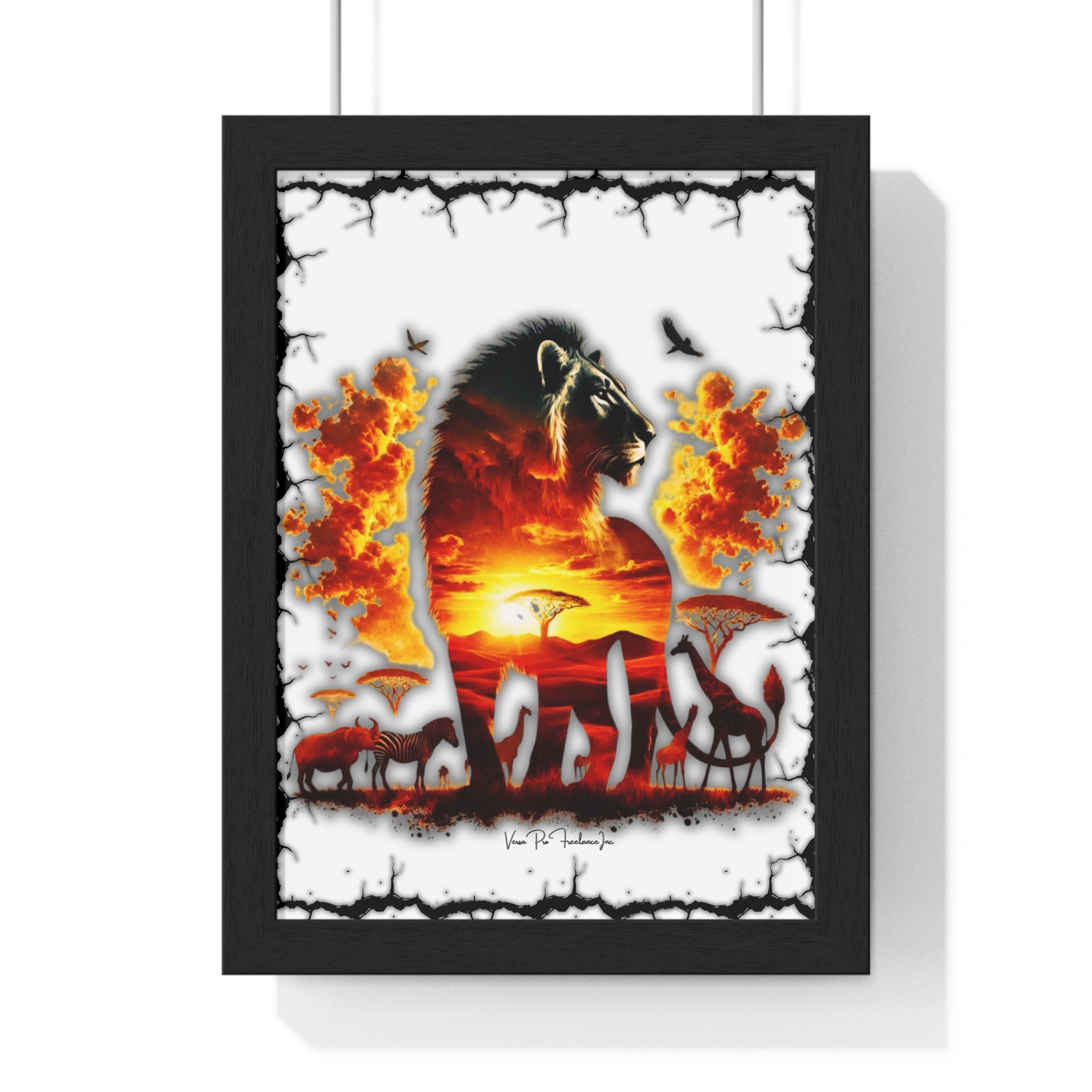 Lion Sunset Wildlife Poster — Framed Vertical Safari Wall Art