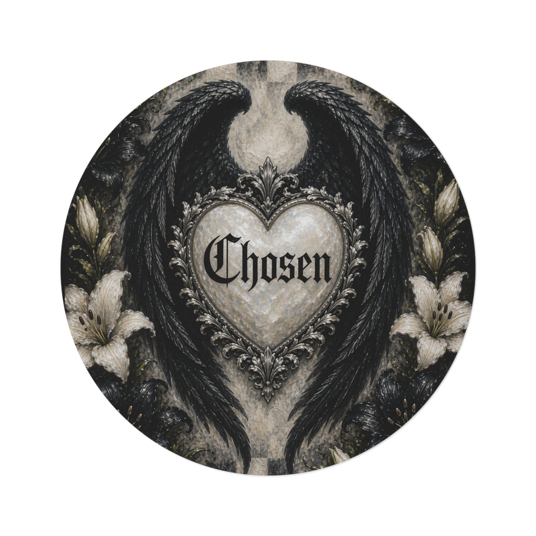 Round Rug — Gothic 'Chosen' Heart with Black Wings Decorative Floor Mat