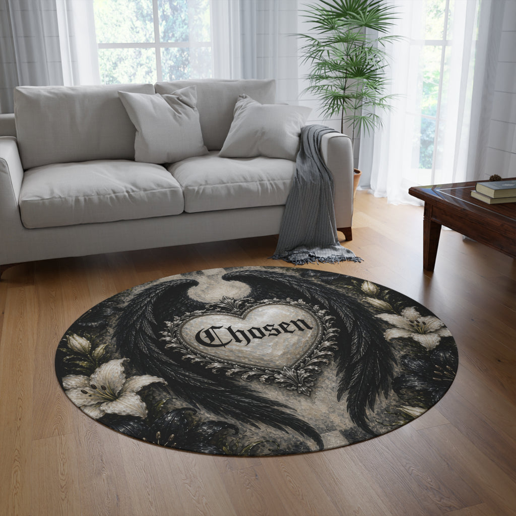 Round Rug — Gothic 'Chosen' Heart with Black Wings Decorative Floor Mat