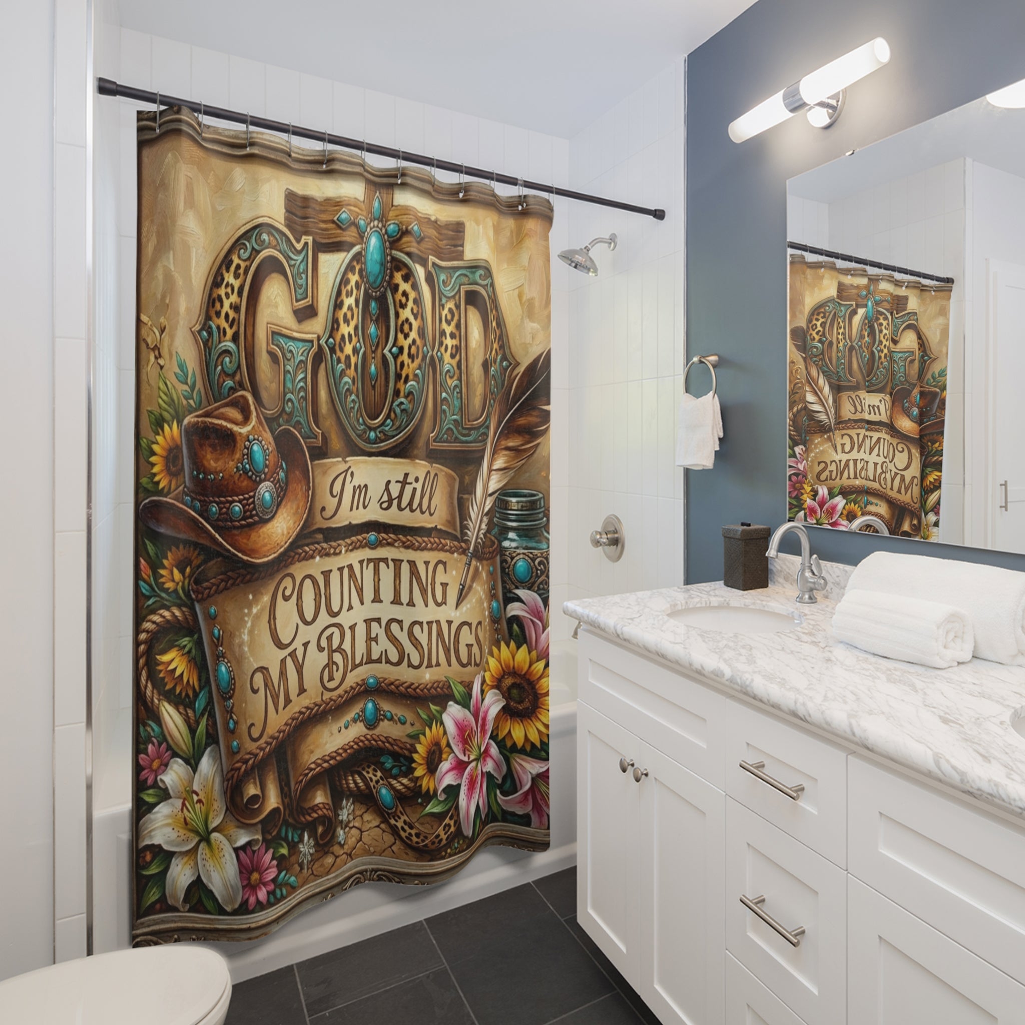 God I'm Still Counting My Blessings Shower Curtain — Floral Western Faith Bathroom Decor