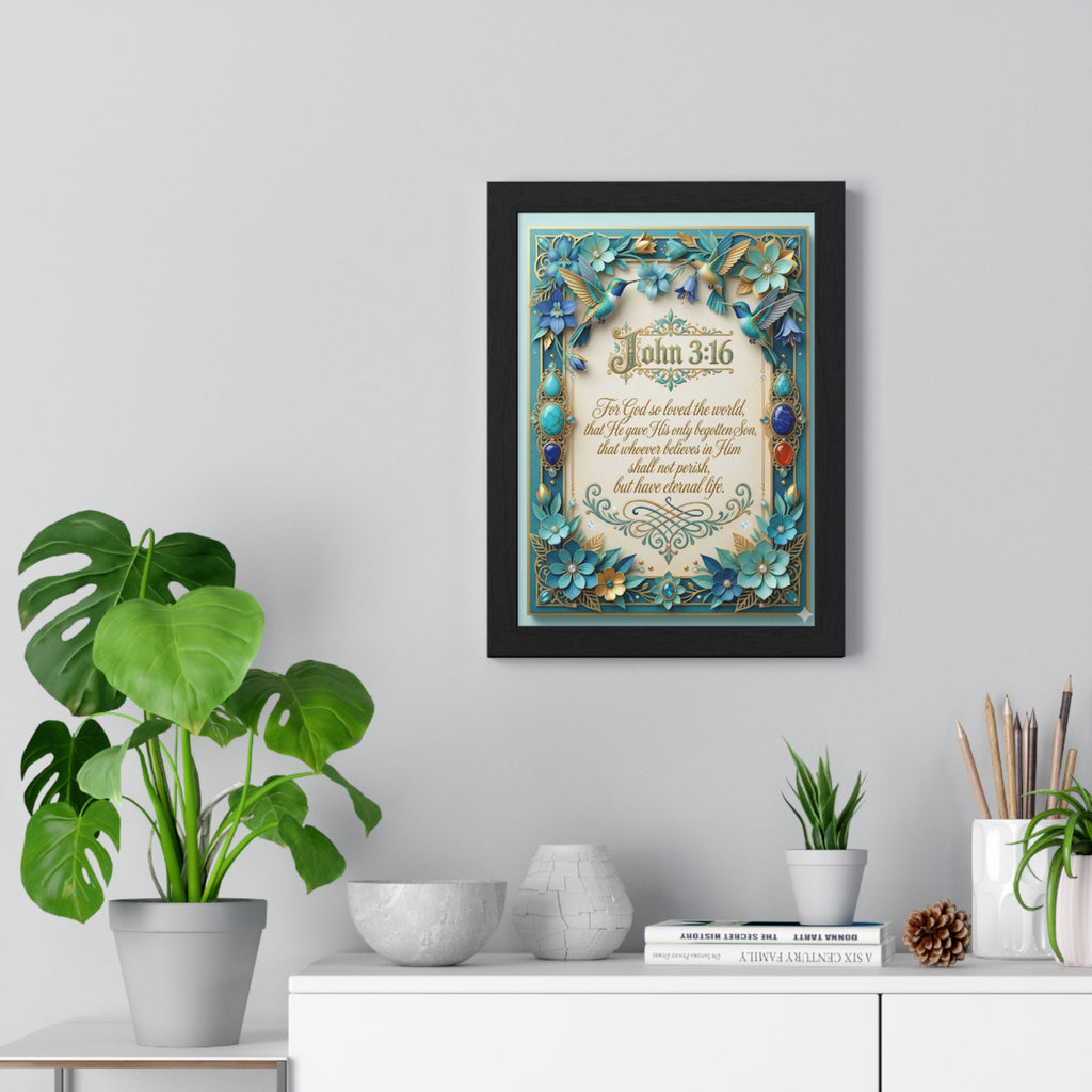 Framed John 3:16 Poster — Floral Religious Scripture Wall Art