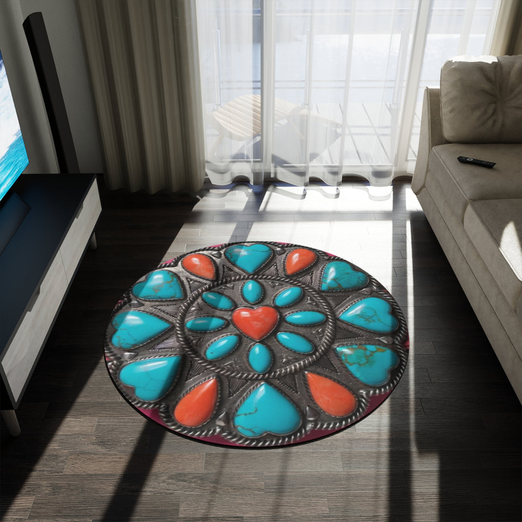 Turquoise & Coral Southwestern Round Rug