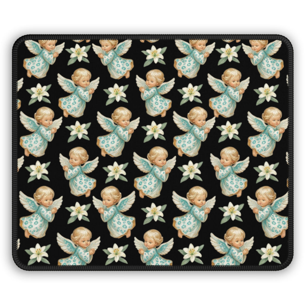 Angel Pattern Gaming Mouse Pad — Vintage Cherub & Star Floral Desk Mat