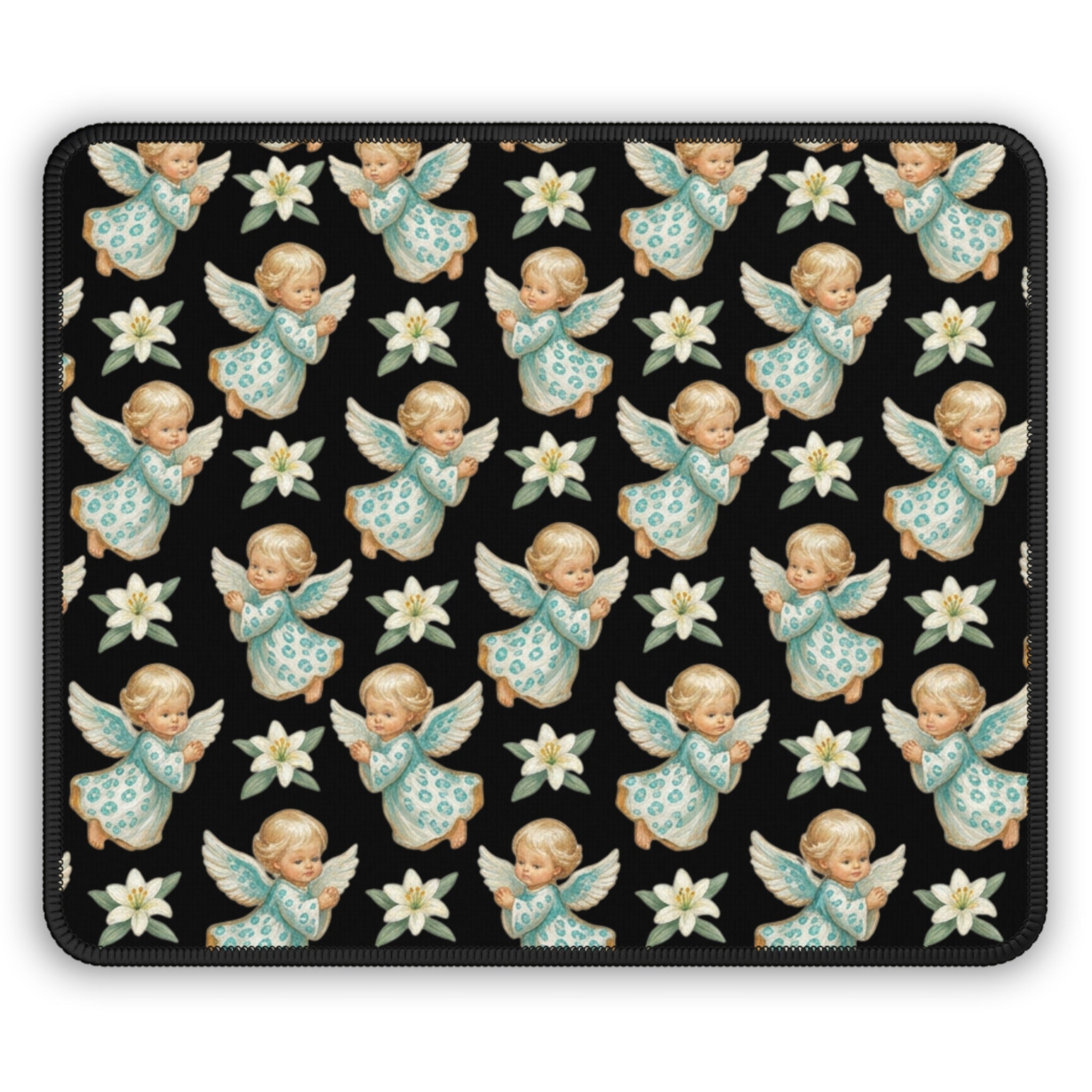 Angel Pattern Gaming Mouse Pad — Vintage Cherub & Star Floral Desk Mat