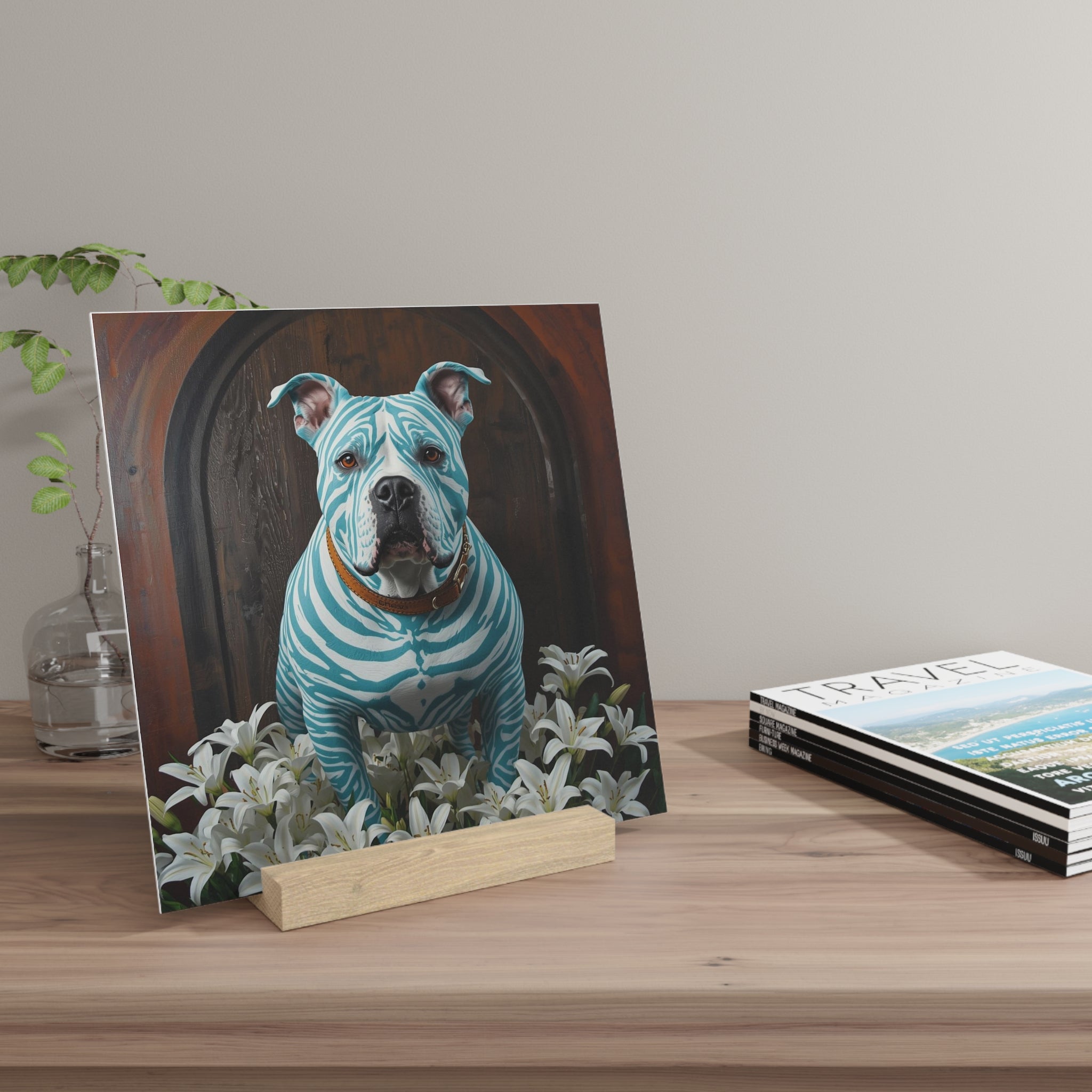 Gallery Board — Blue-Striped Pitbull Art Print on Wooden Stand