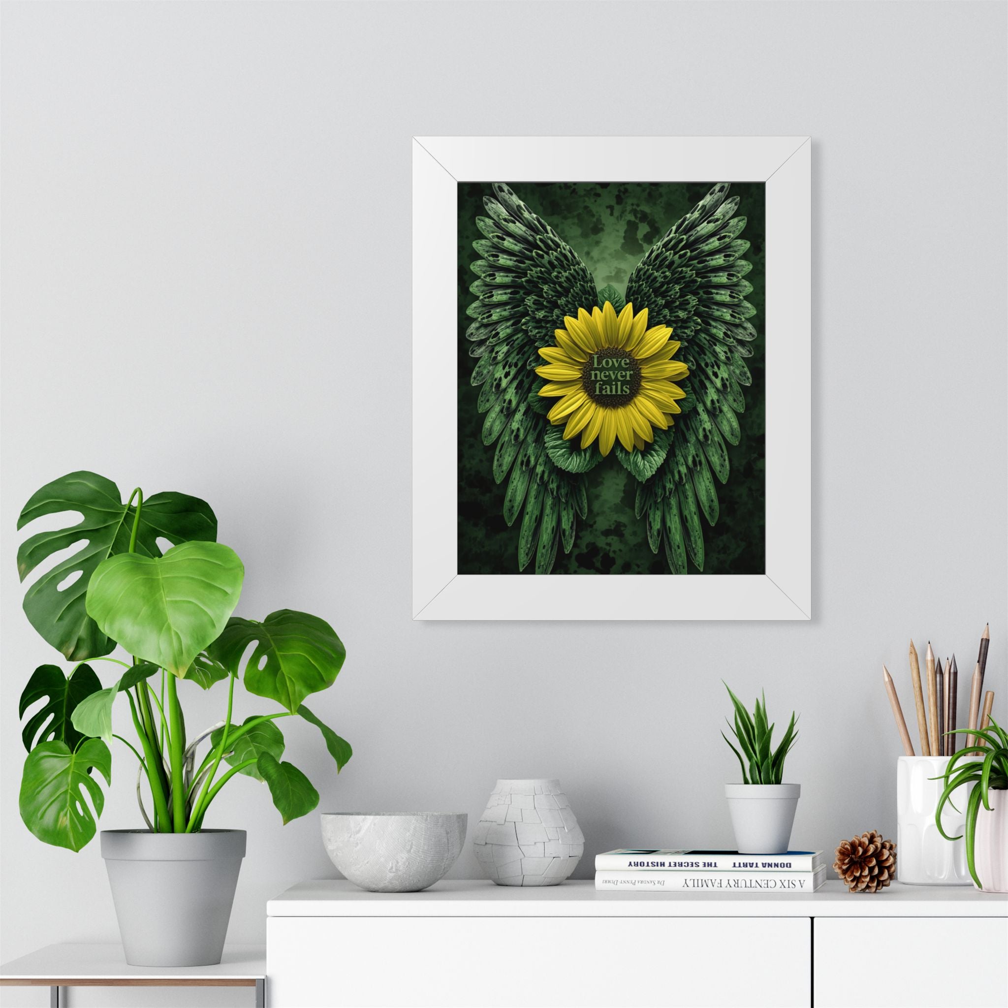 Framed Sunflower Angel Wings Poster — "Love Never Fails" Vertical Wall Art