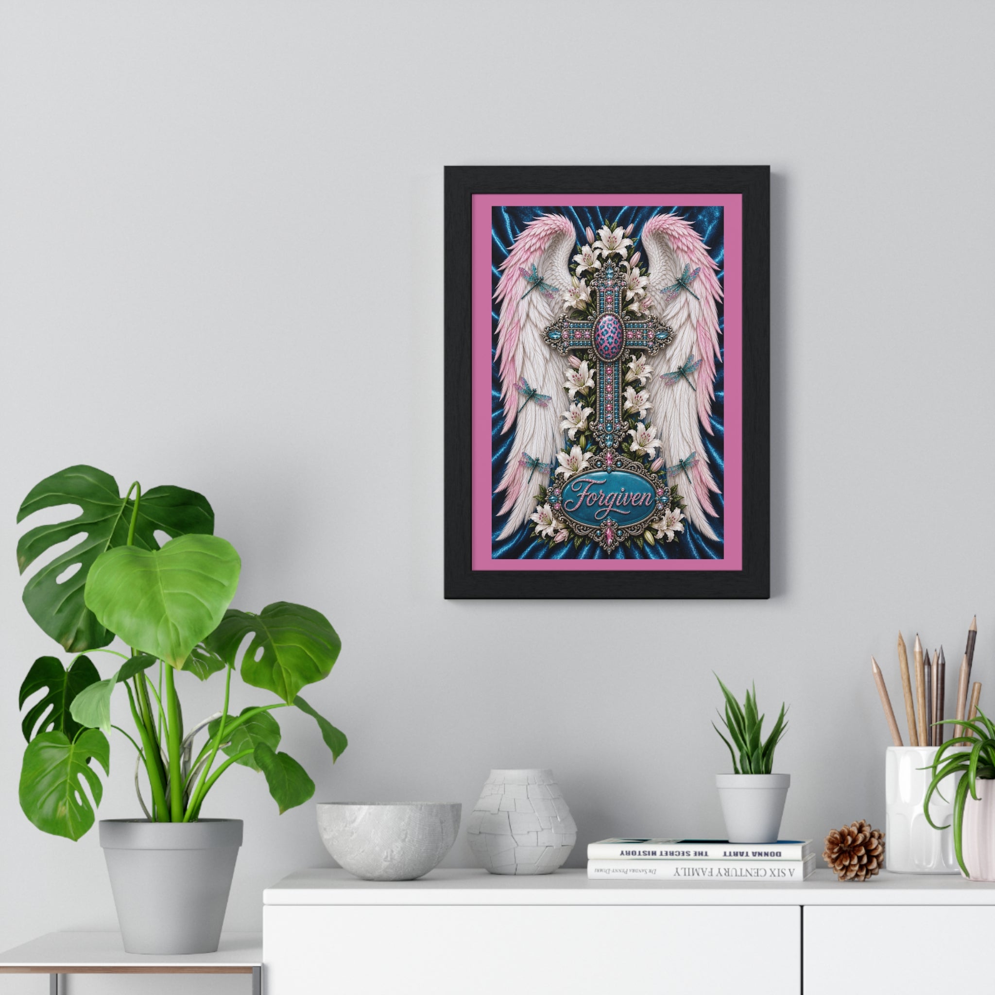 Framed Cross Wall Art Poster — 'Forgiven' Angel Wings Religious Print