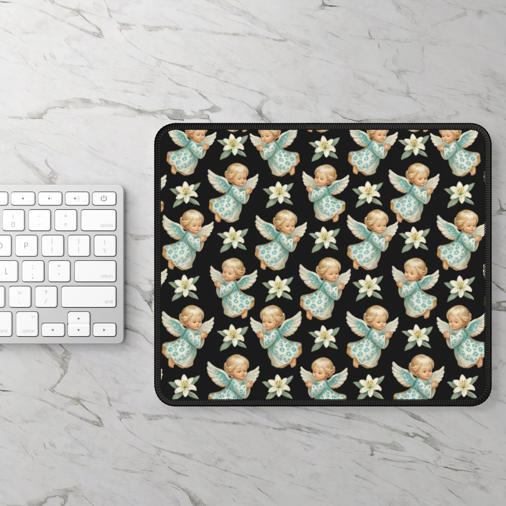 Angel Pattern Gaming Mouse Pad — Vintage Cherub & Star Floral Desk Mat