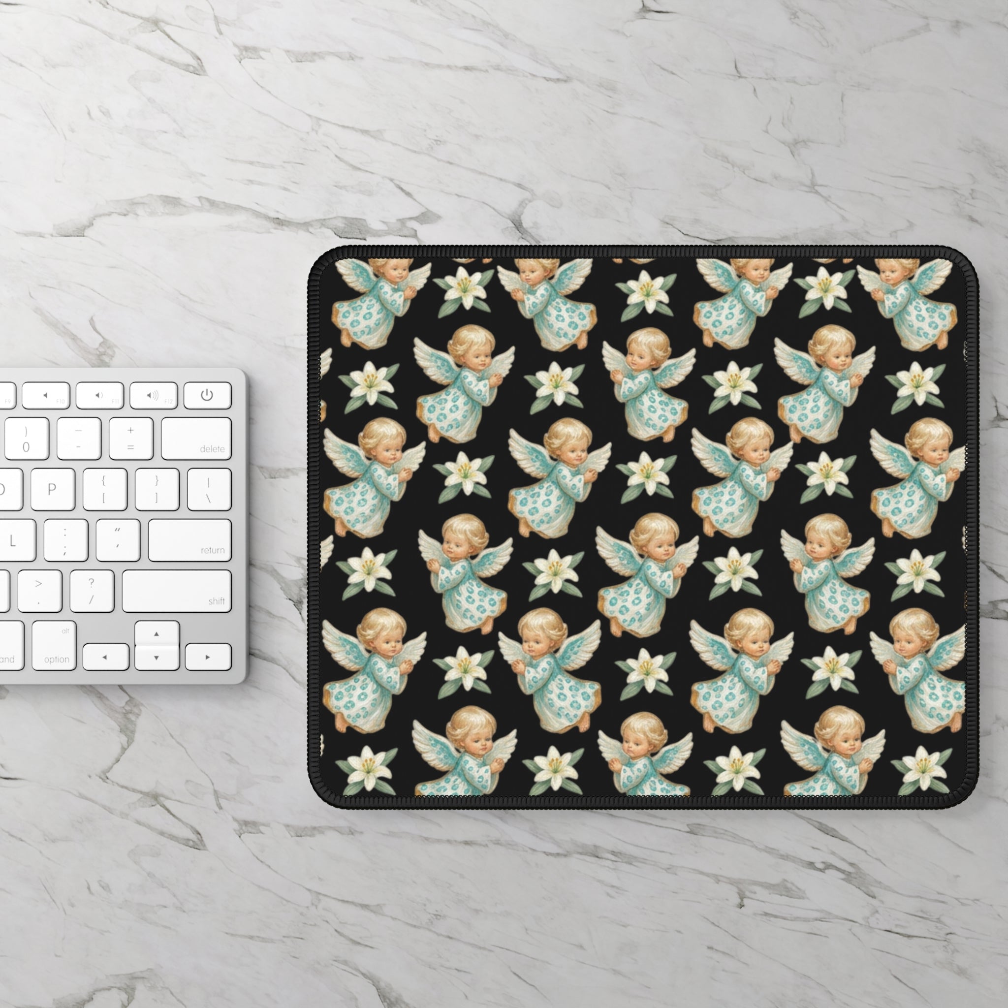 Angel Pattern Gaming Mouse Pad — Vintage Cherub & Star Floral Desk Mat