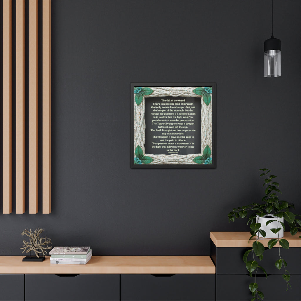 Framed Poster — "The Gift of the Grind" Inspirational Wall Art with Rustic Rope Frame