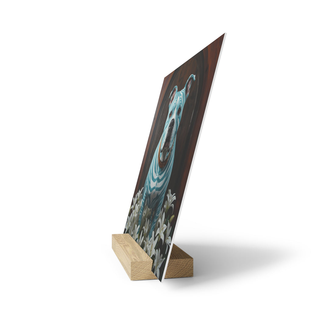 Gallery Board — Blue-Striped Pitbull Art Print on Wooden Stand