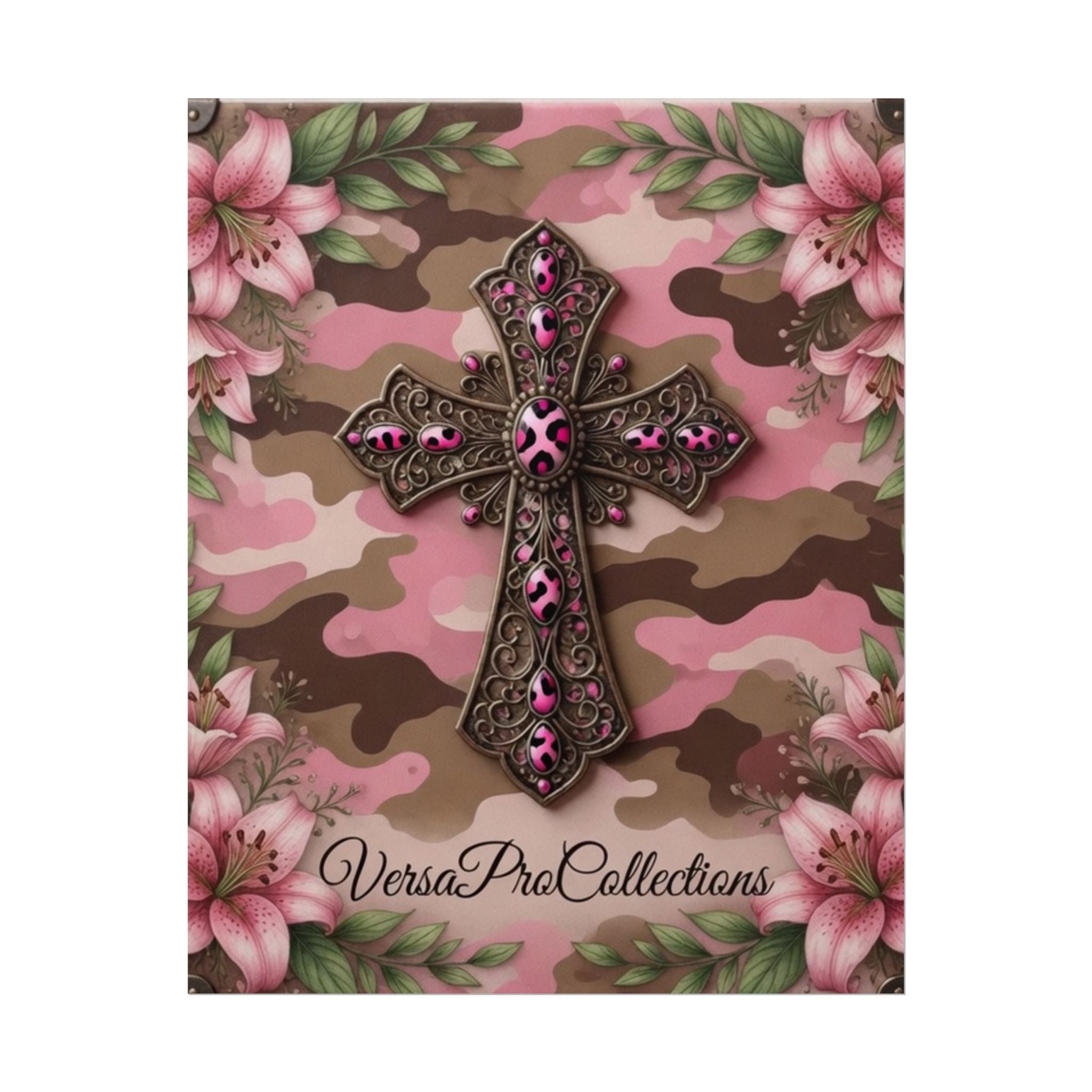 Pink Camo Floral Cross Poster – Religious Wall Art for Bedroom or Nursery