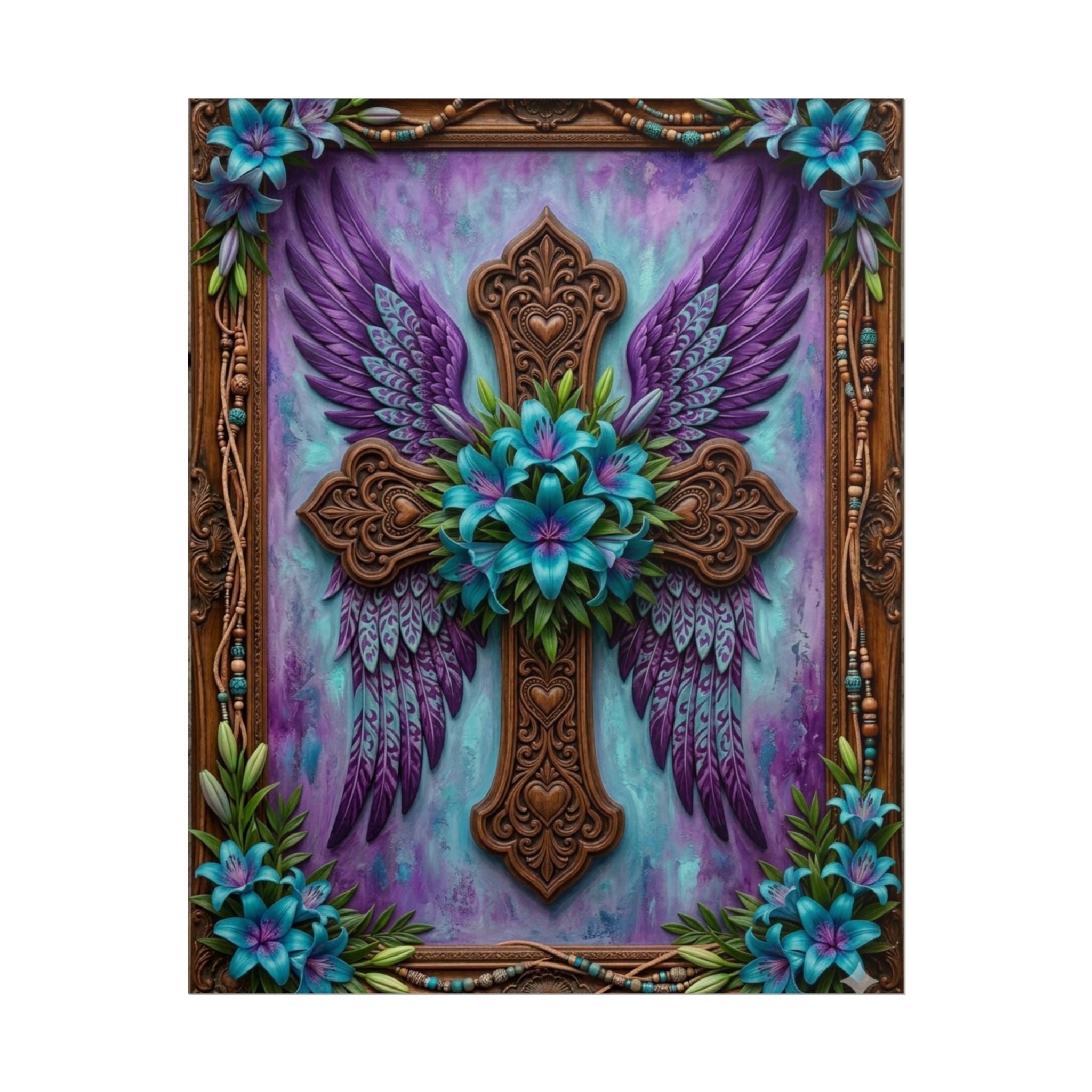 Angel Wing Cross Rolled Poster — Purple Floral Spiritual Wall Art