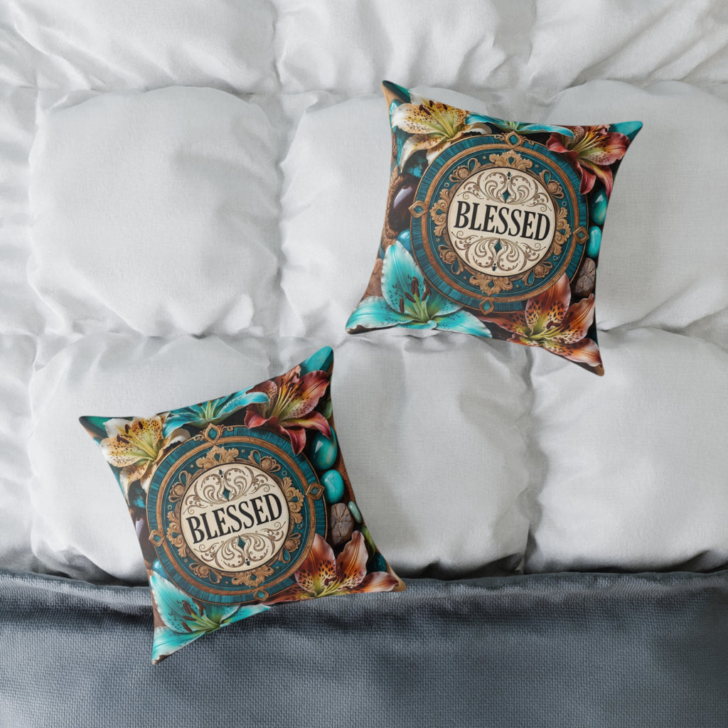 Blessed Floral Decorative Pillow - Square Poly Canvas Accent Cushion