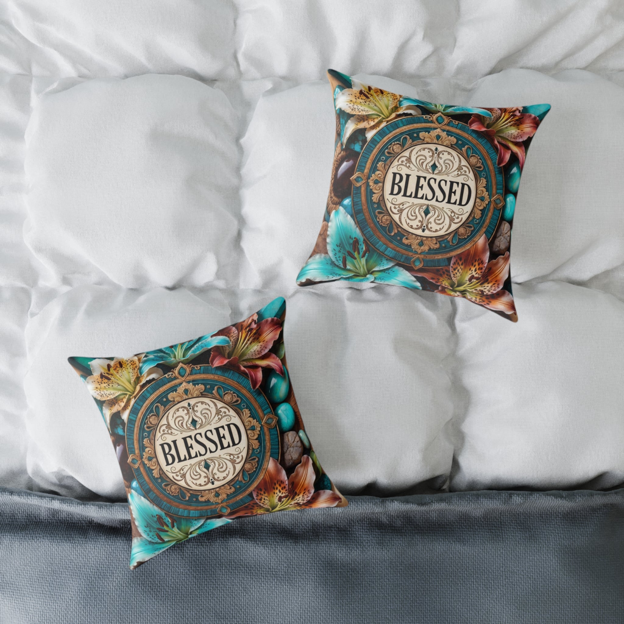 Blessed Floral Decorative Pillow - Square Poly Canvas Accent Cushion